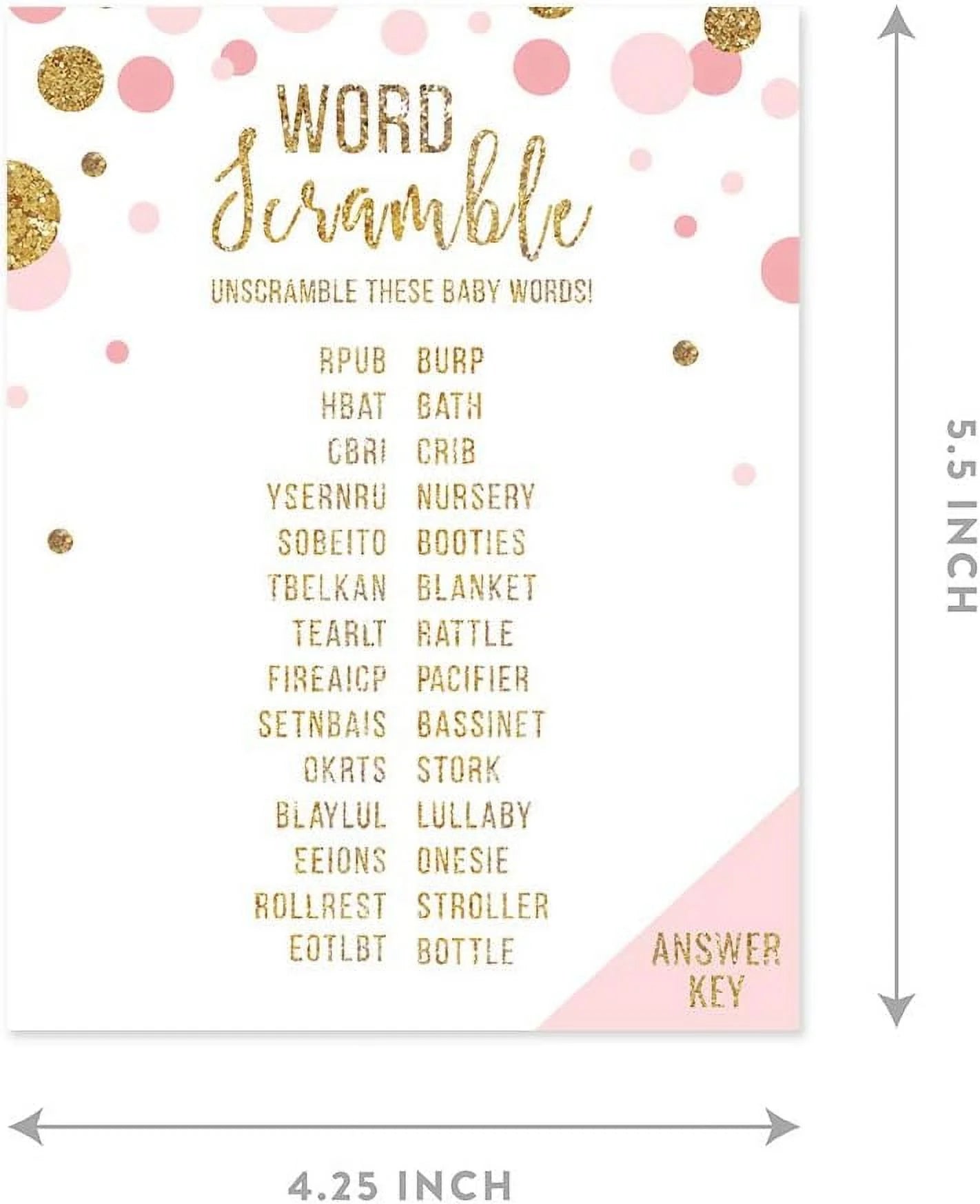 Baby Shower Word Scramble Game Blush Pink Gold Glitter, Paper Party Favors, 20-Pack
