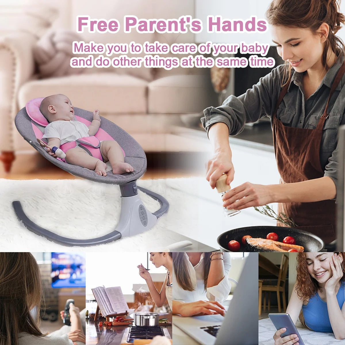 Electric Baby Swing, Infant Bouncer Chair with Remote Control, Bluetooth Music, 12 Lullabies, 4 Speeds, 4 Timing Set, Unisex, Pink