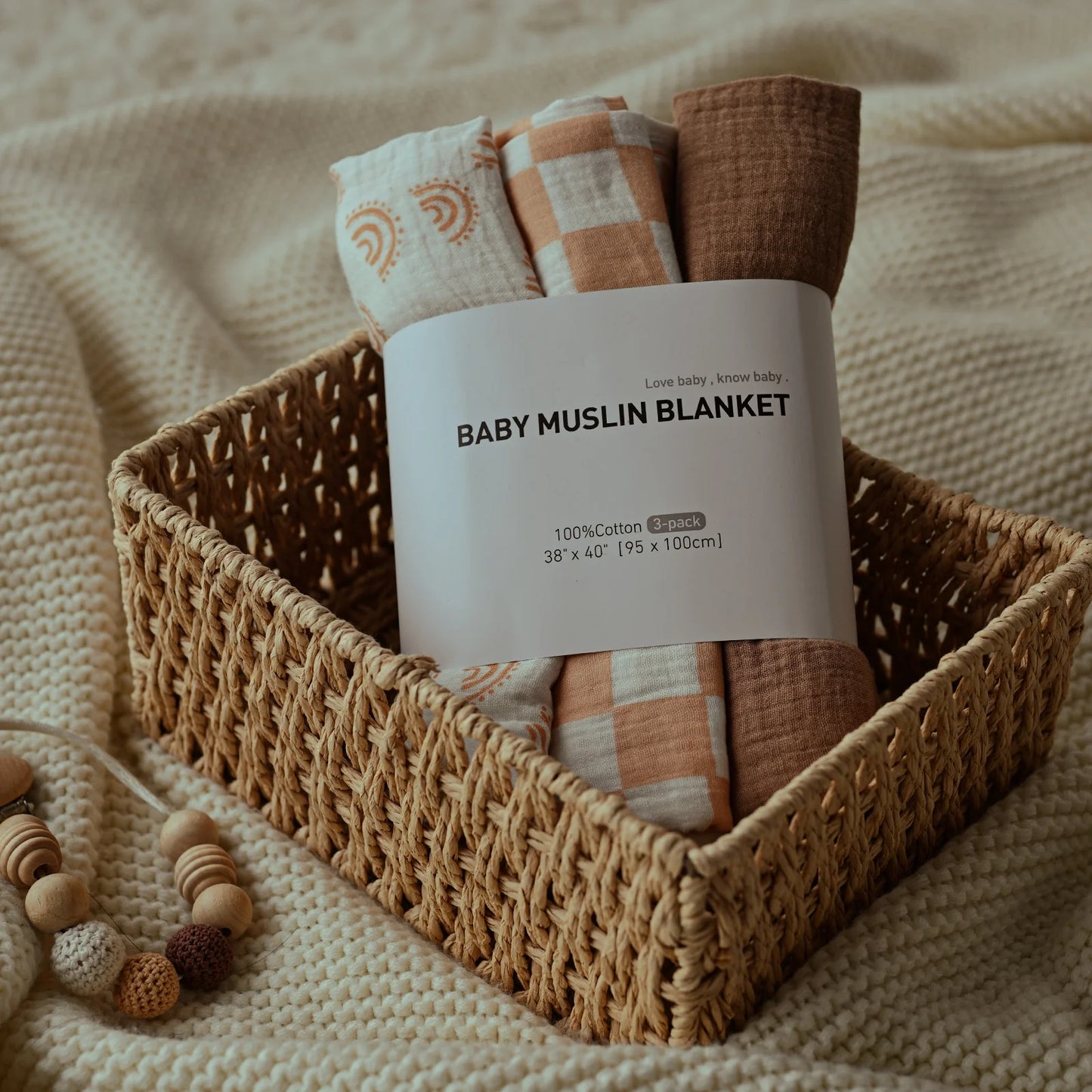 3-Pack Muslin Organic Cotton Swaddle Blankets for Newborn Infant Boys Girls 38"X40", Glorious Rainbow