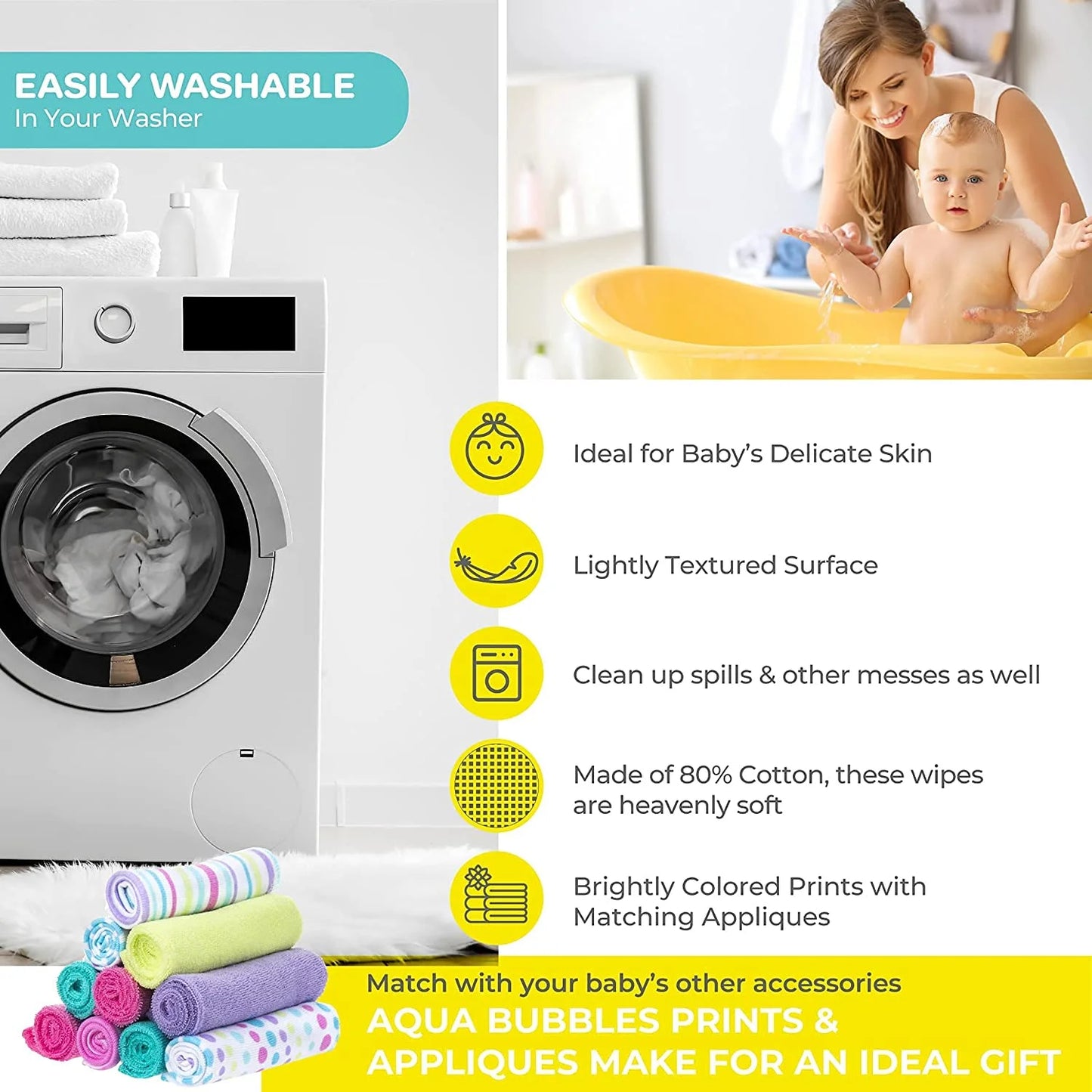 Baby Washcloth Wipes Set for Newborn Boys and Girls, Terry Bath Scrub, Pack of 10, Aqua Bubbles