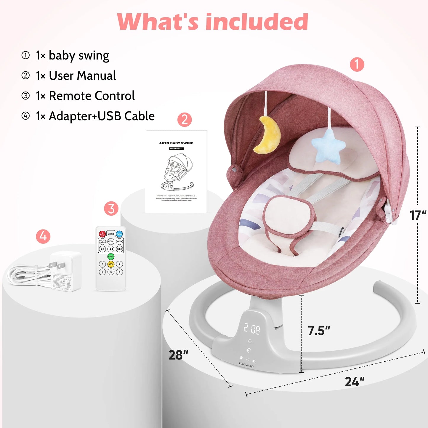 Baby Swing for Infants - APP Remote Bluetooth Control, 5 Speed Settings, 10 Lullabies, USB Plug (Pink)