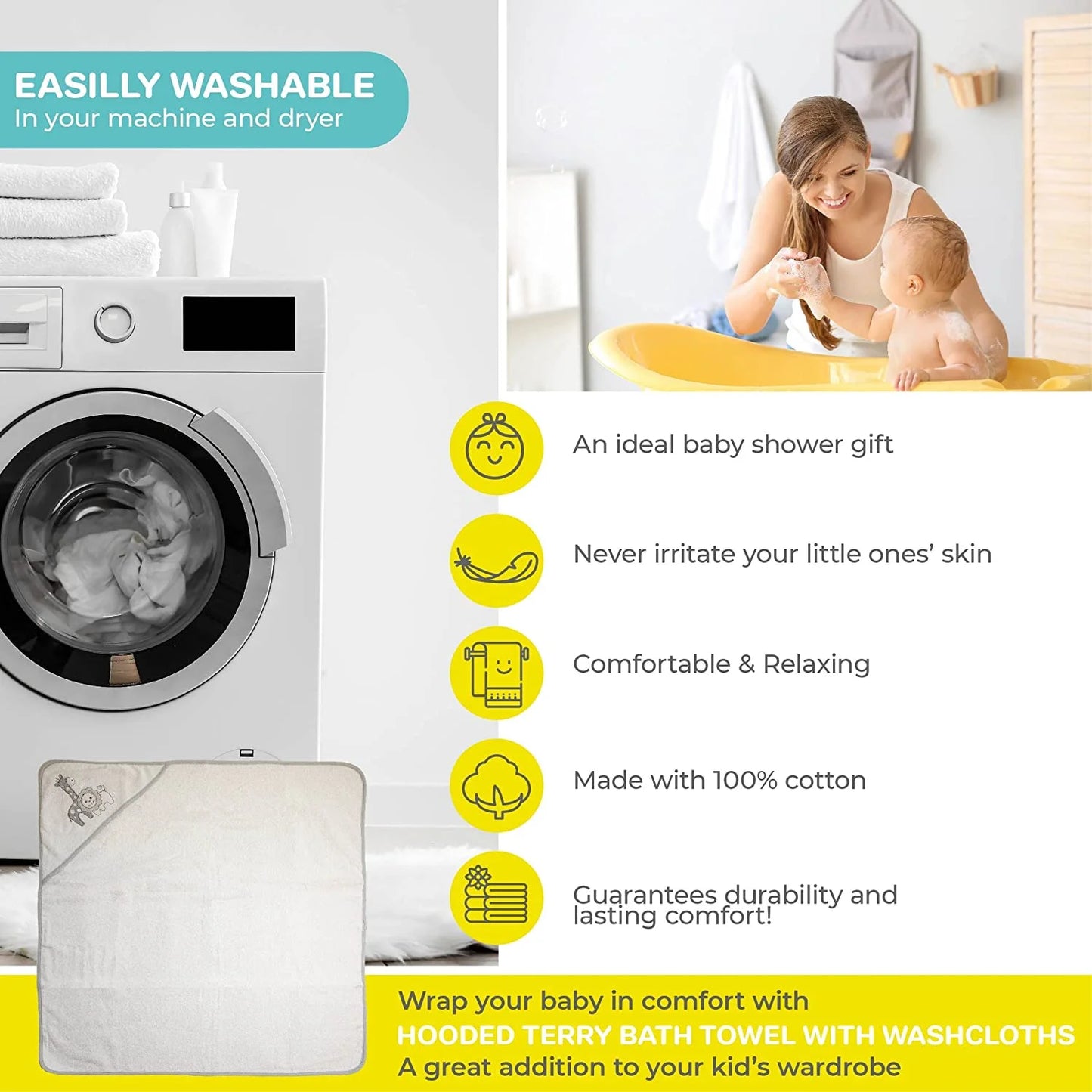 Baby Cotton Terry Hooded Towel & Washcloth Bath Shower Set for Newborns and Infants, Gray Lion