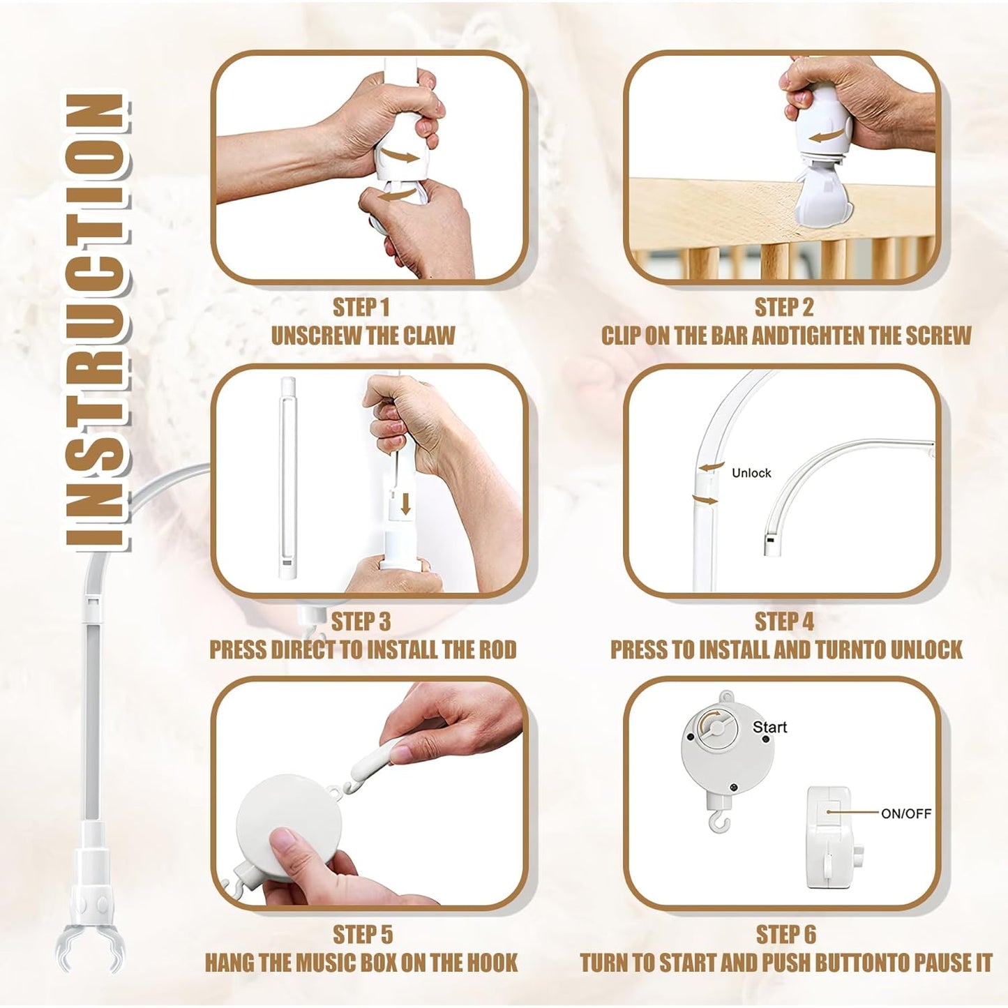 23 Inches DIY Baby Crib Mobile Arm,Mobile Arm for Crib,Nursery Mobile Arm,Baby Mobile Hanger, with Music Box-The Claw Part Can Be Adjusted Width-Diy Toy Decoration