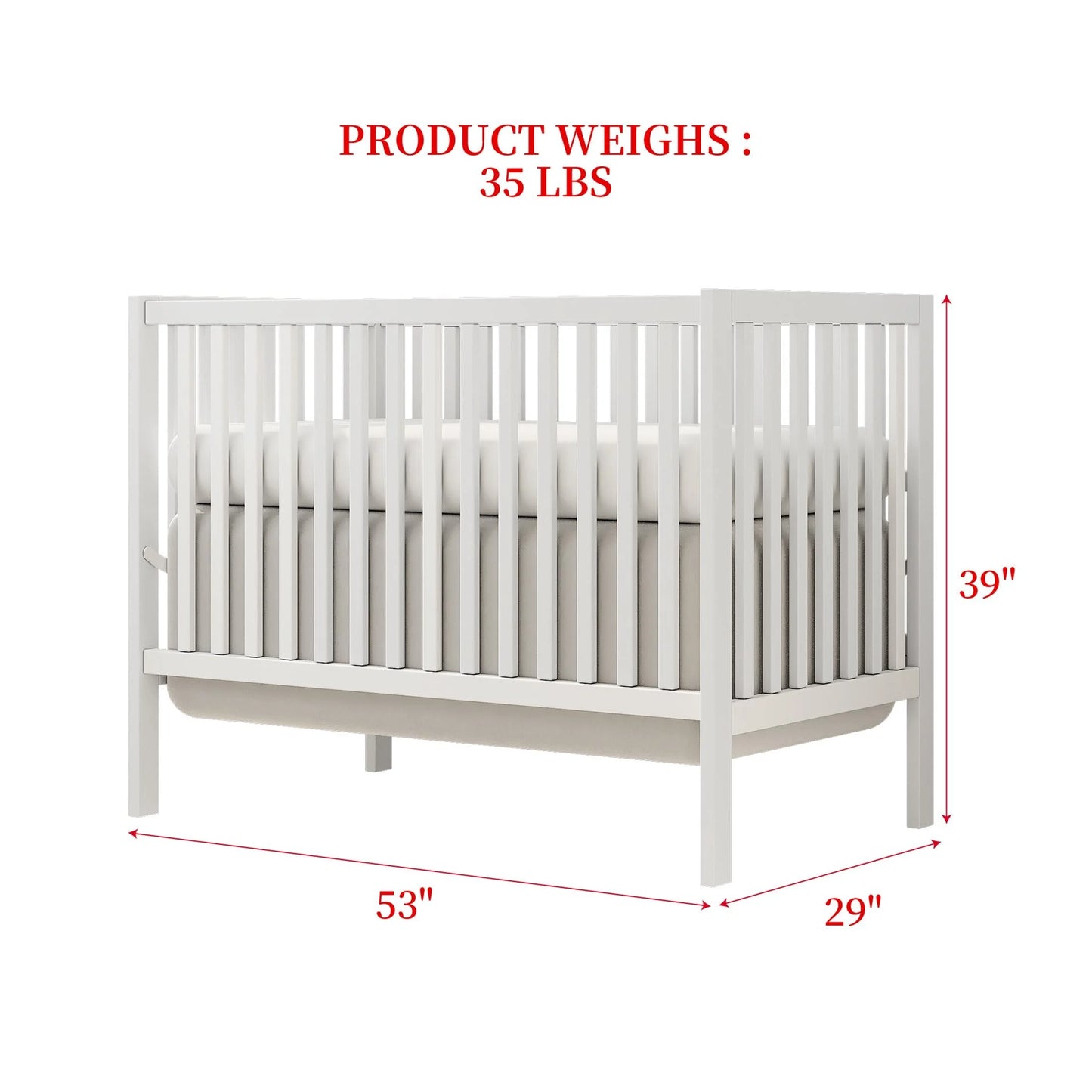 5 in 1 Convertible Baby Crib, Wood Convertible Crib Toddler Bed with Wood Legs, Converts from Baby Crib to Toddler Bed, Fits Standard Full-Size Crib Mattress, Easy to Assemble, White