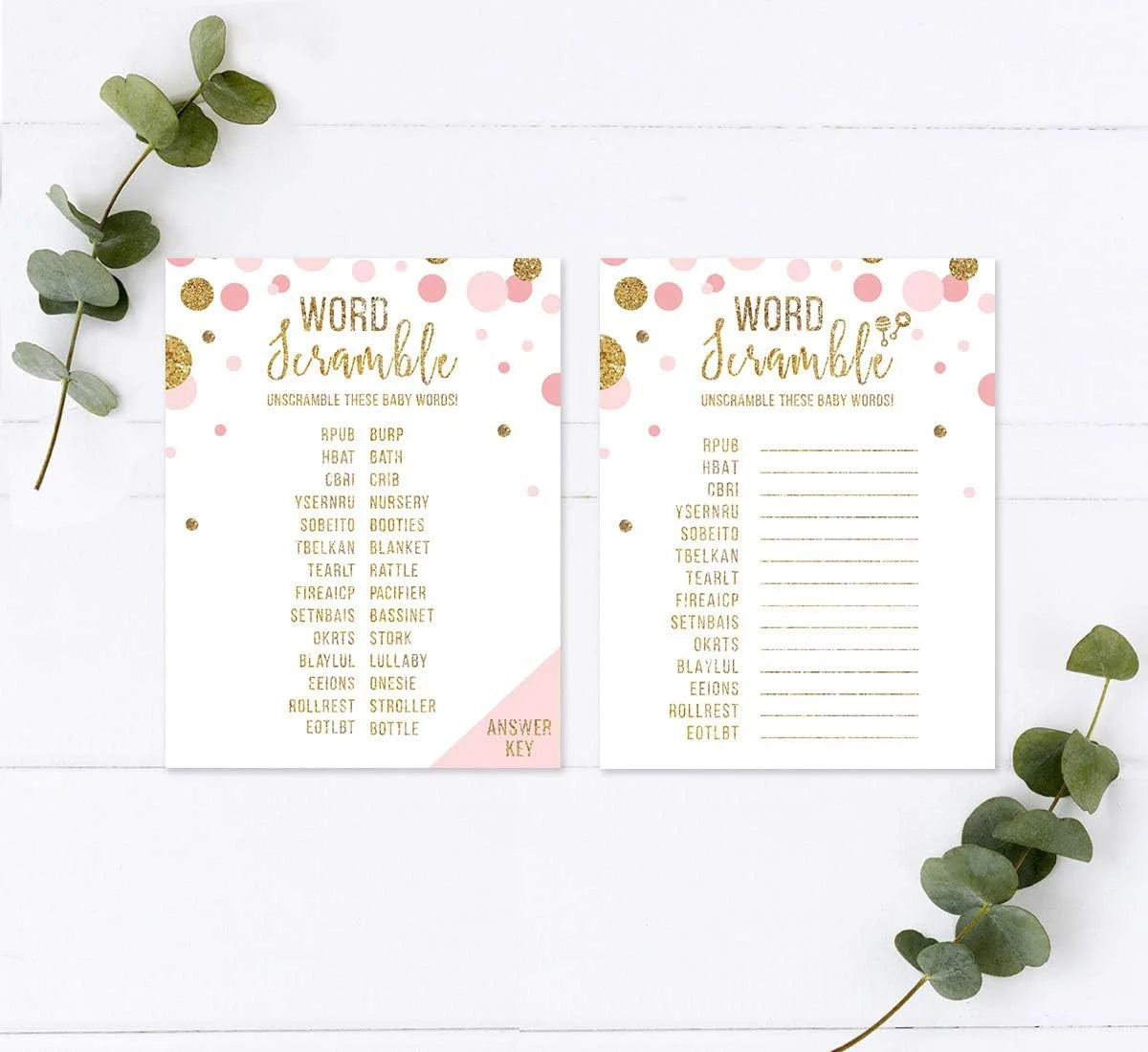 Baby Shower Word Scramble Game Blush Pink Gold Glitter, Paper Party Favors, 20-Pack