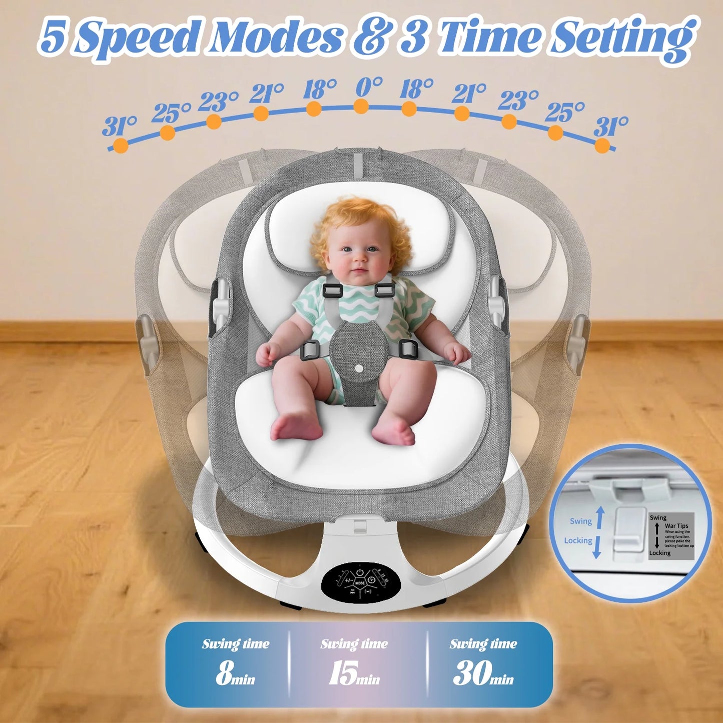 Baby Swing for Infants, Portable Bouncer&Rocker with 5 Speeds, Bluetooth Control, Gray