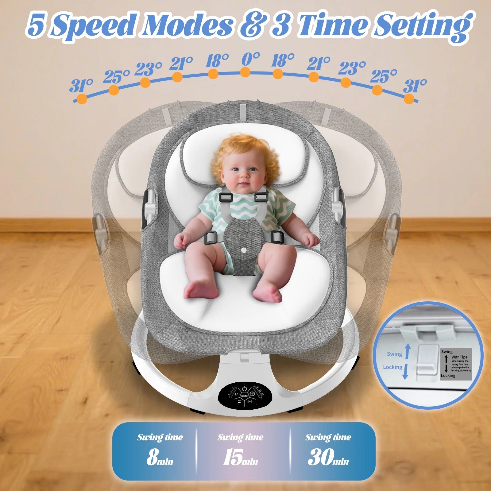 Baby Swing for Infants, Portable Bouncer&Rocker with 5 Speeds, Bluetooth Control, Gray