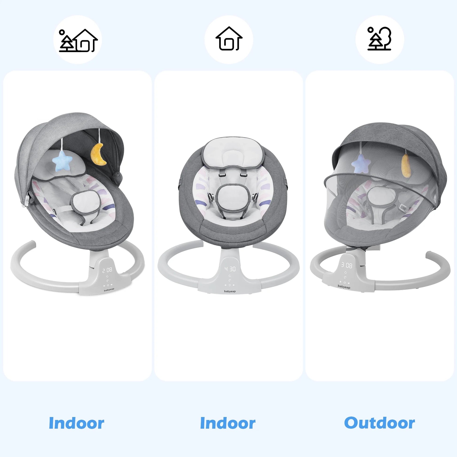 Baby Swing for Infants - APP Remote Bluetooth Control, 5 Speed Settings, 10 Lullabies, USB Plug (Gray)