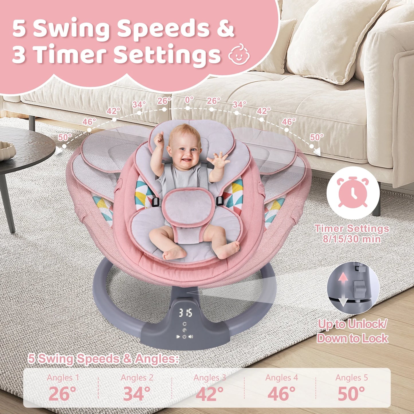 Baby Swing, Baby Swing for Infants,Portable Electric Baby Rocker with 5 Sway Speed,10 Preset Songs,Remote Control,Bluetooth Music,Pink
