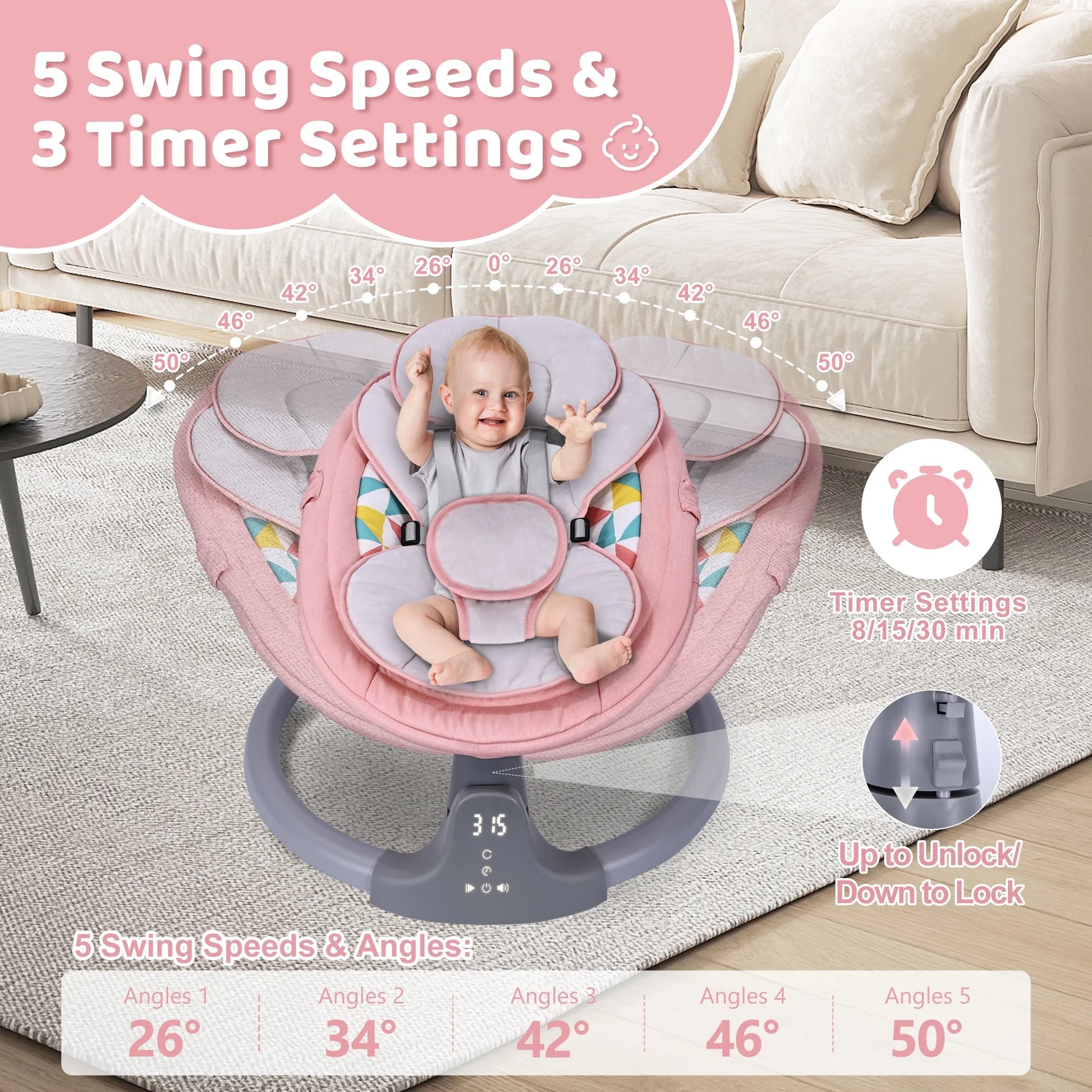 Baby Swing, Baby Swing for Infants,Portable Electric Baby Rocker with 5 Sway Speed,10 Preset Songs,Remote Control,Bluetooth Music,Pink