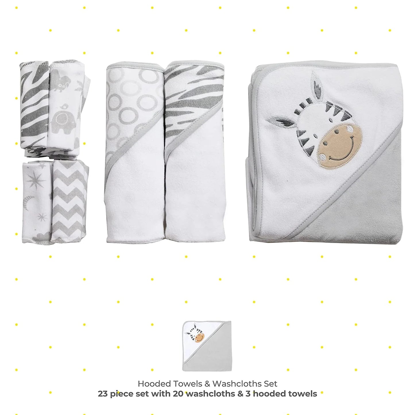 Bath Hooded Towels & Washcloths Set for Babies, 23-Piece Gift Set, White Zebra
