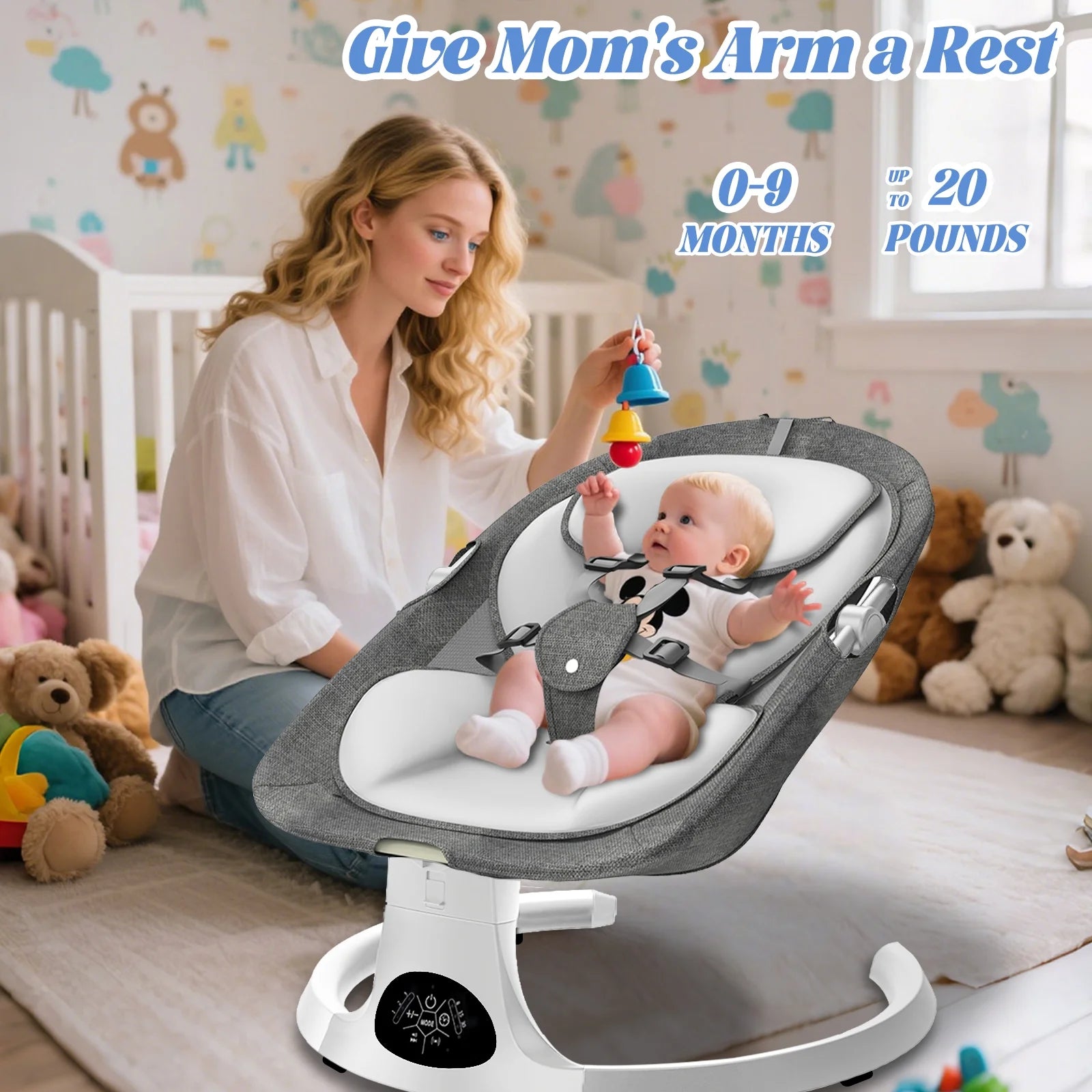 Baby Swing for Infants, Portable Bouncer&Rocker with 5 Speeds, Bluetooth Control, Gray