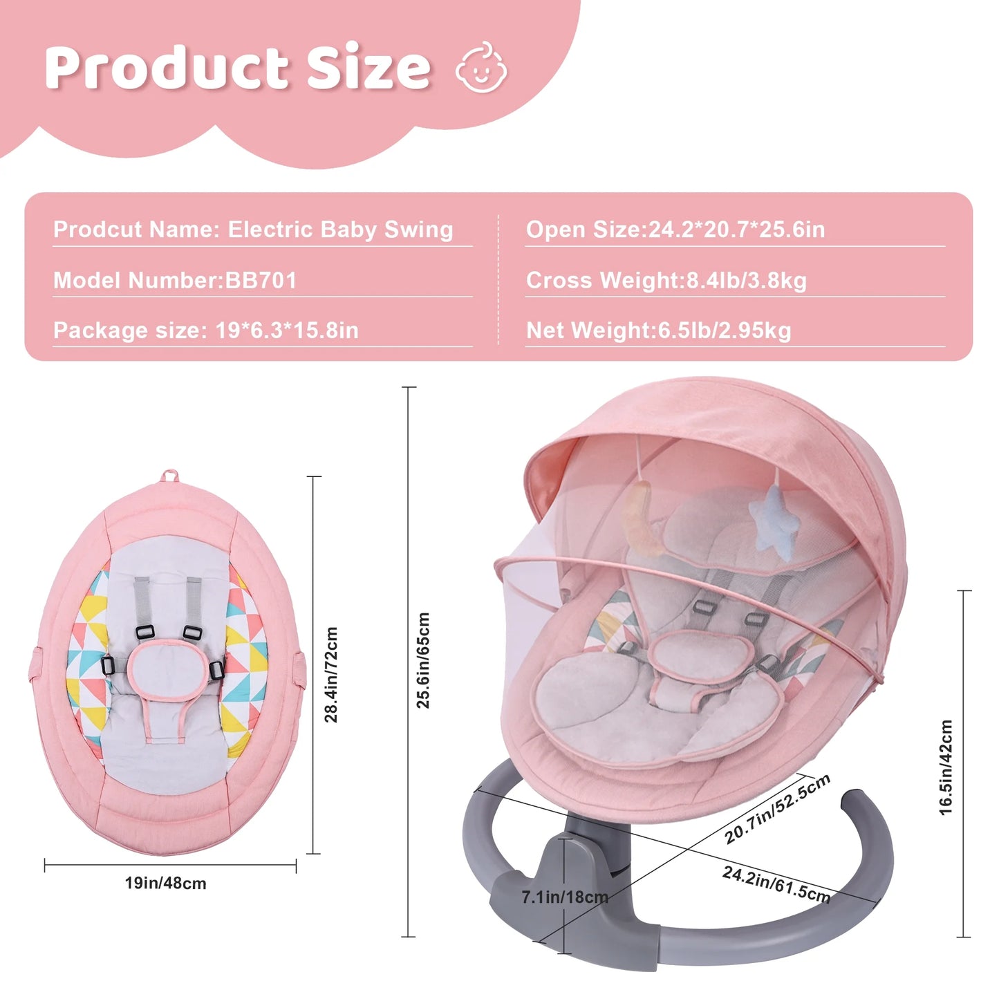 Baby Swing, Baby Swing for Infants,Portable Electric Baby Rocker with 5 Sway Speed,10 Preset Songs,Remote Control,Bluetooth Music,Pink