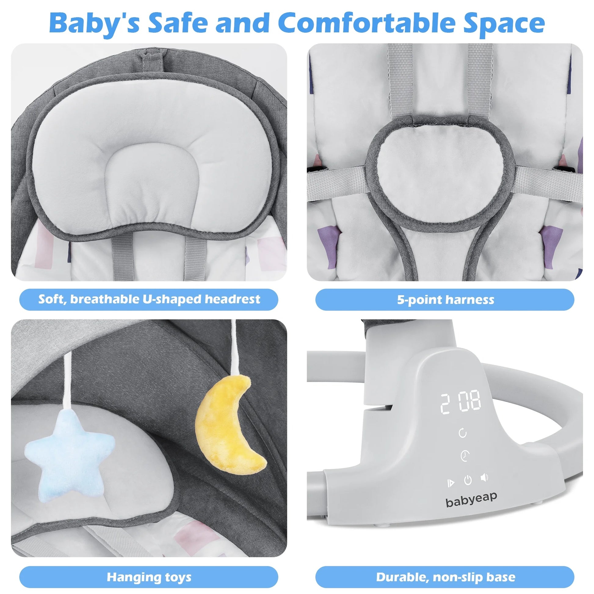 Baby Swing for Infants - APP Remote Bluetooth Control, 5 Speed Settings, 10 Lullabies, USB Plug (Gray)