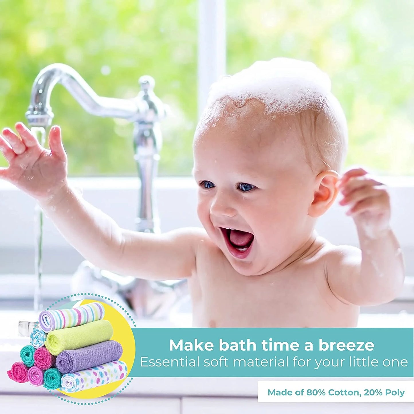 Baby Washcloth Wipes Set for Newborn Boys and Girls, Terry Bath Scrub, Pack of 10, Aqua Bubbles