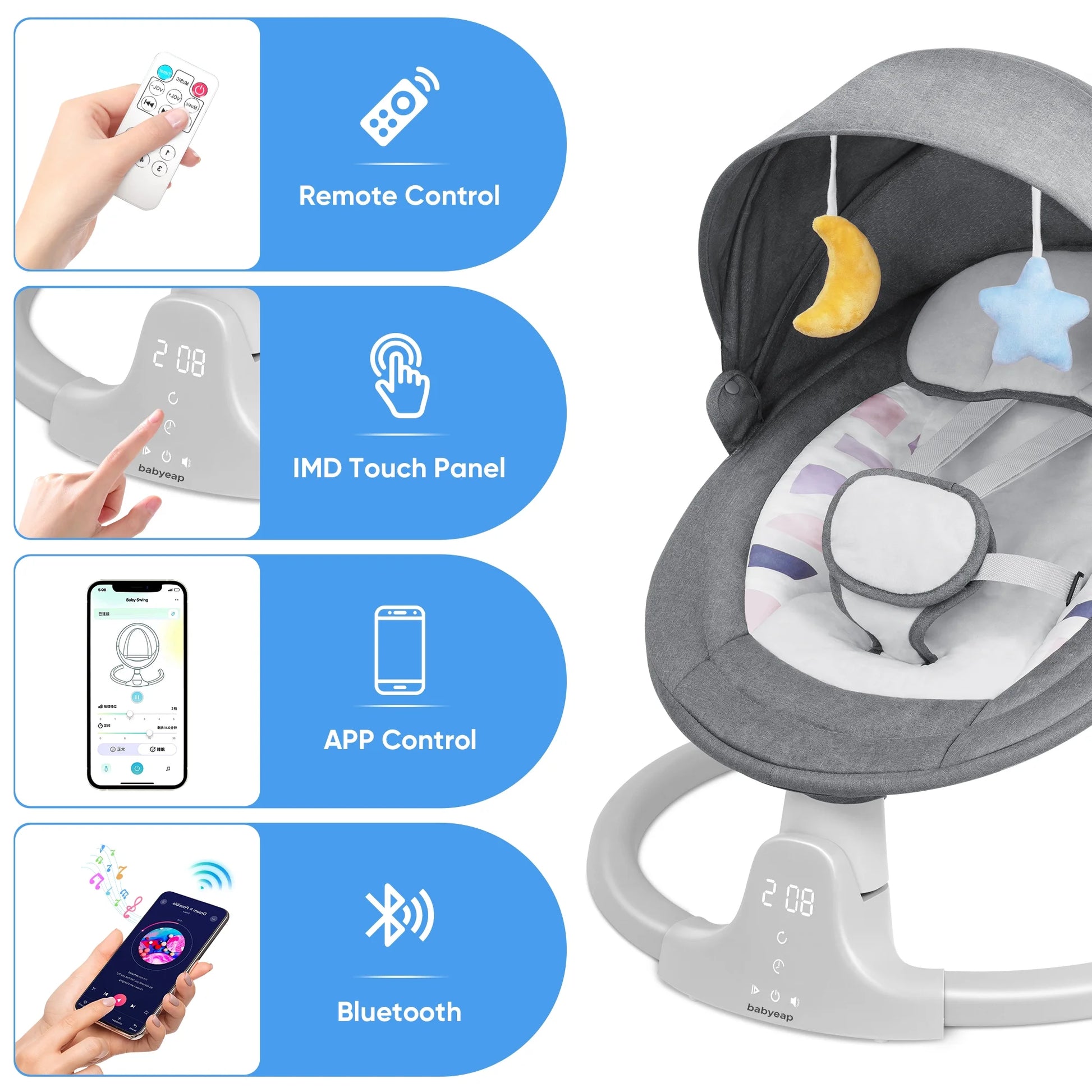 Baby Swing for Infants - APP Remote Bluetooth Control, 5 Speed Settings, 10 Lullabies, USB Plug (Gray)