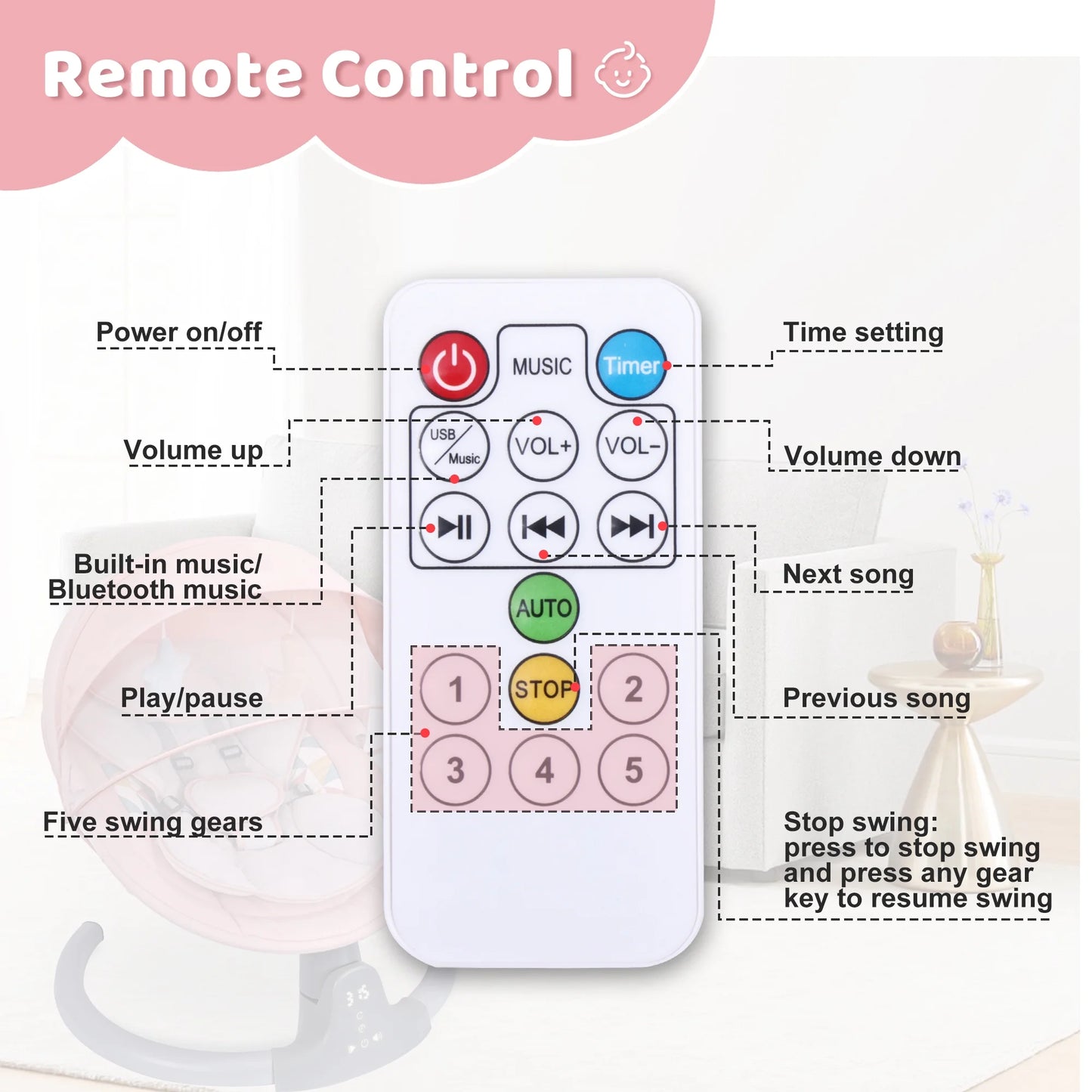 Baby Swing, Baby Swing for Infants,Portable Electric Baby Rocker with 5 Sway Speed,10 Preset Songs,Remote Control,Bluetooth Music,Pink