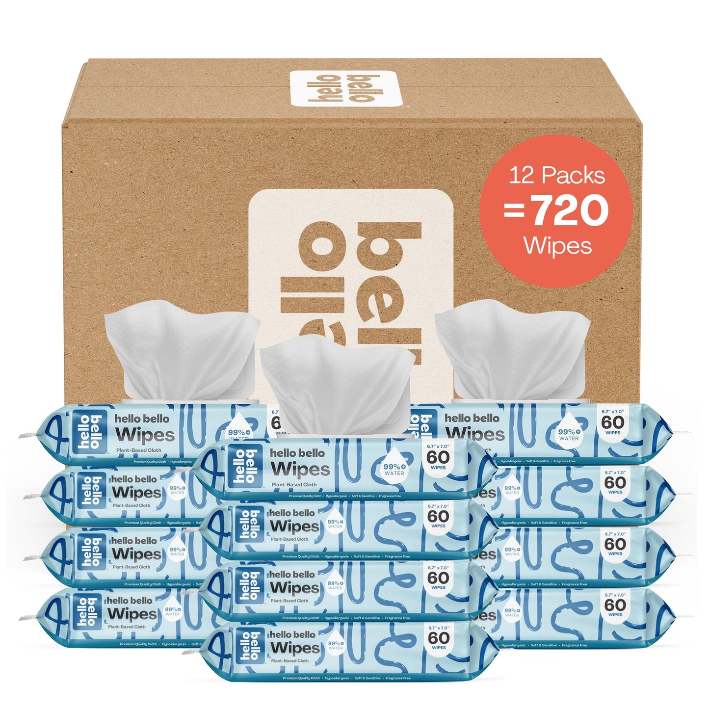 Hello Bello 60 Count Baby Wipes Pack 12 Fragrance Free Gentle for Sensitive Skin