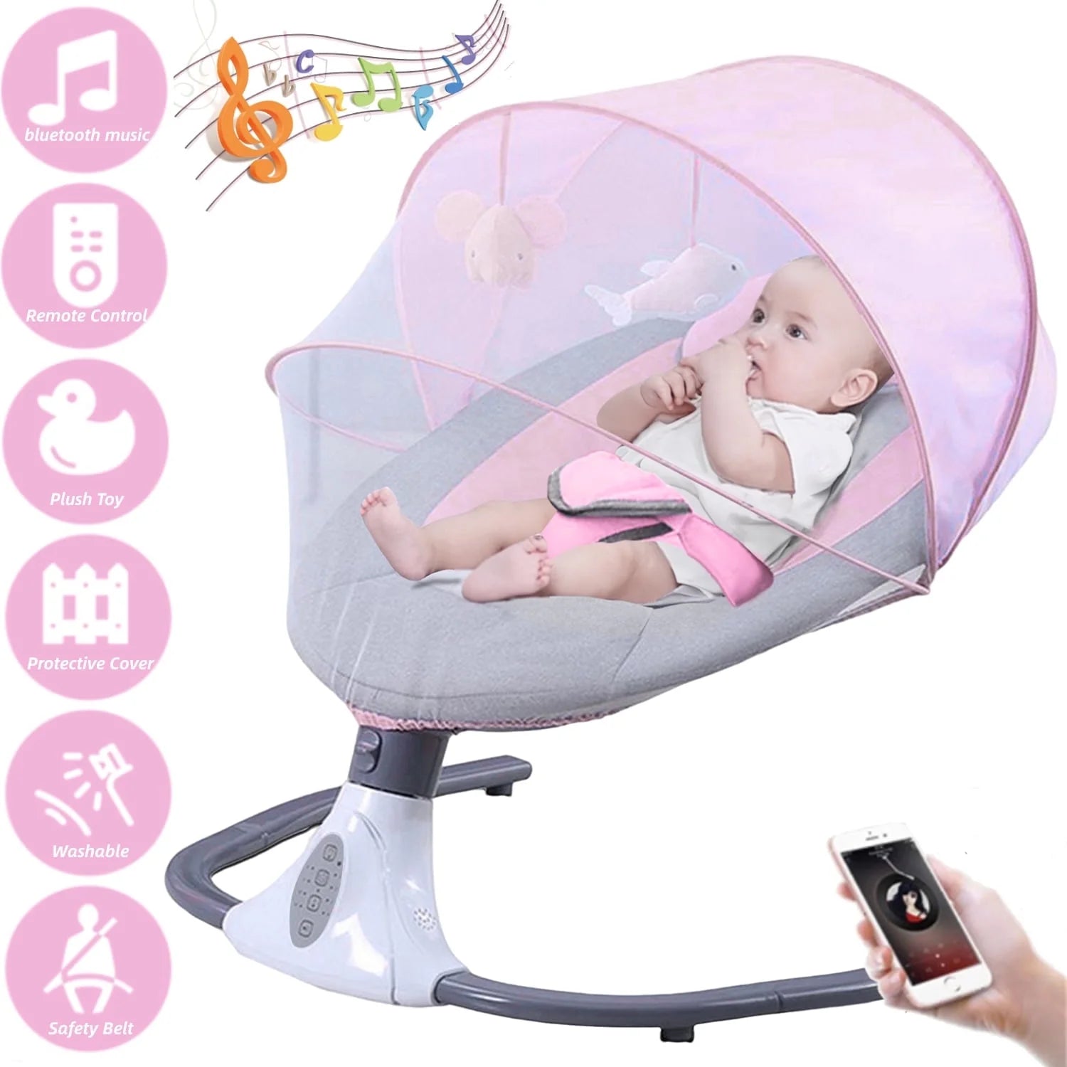 Electric Baby Swing, Infant Bouncer Chair with Remote Control, Bluetooth Music, 12 Lullabies, 4 Speeds, 4 Timing Set, Unisex, Pink