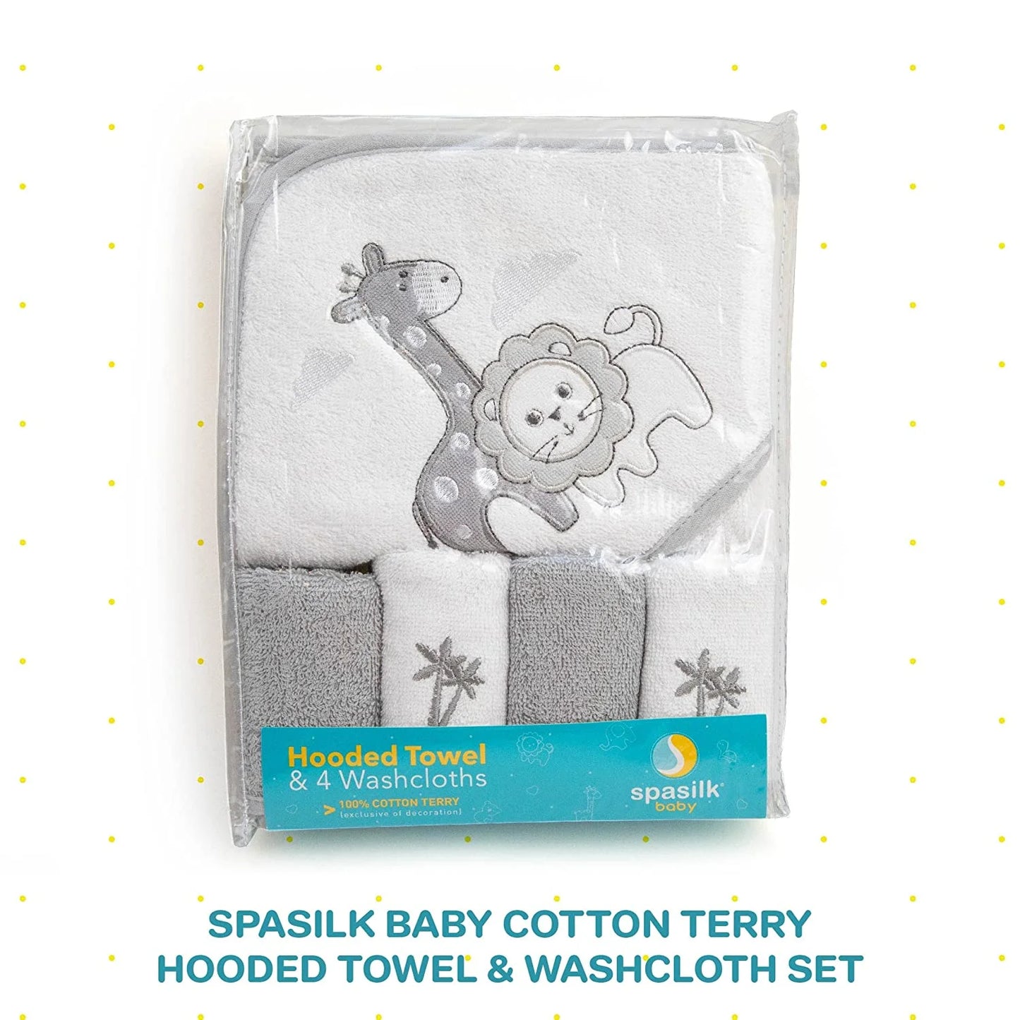 Baby Cotton Terry Hooded Towel & Washcloth Bath Shower Set for Newborns and Infants, Gray Lion