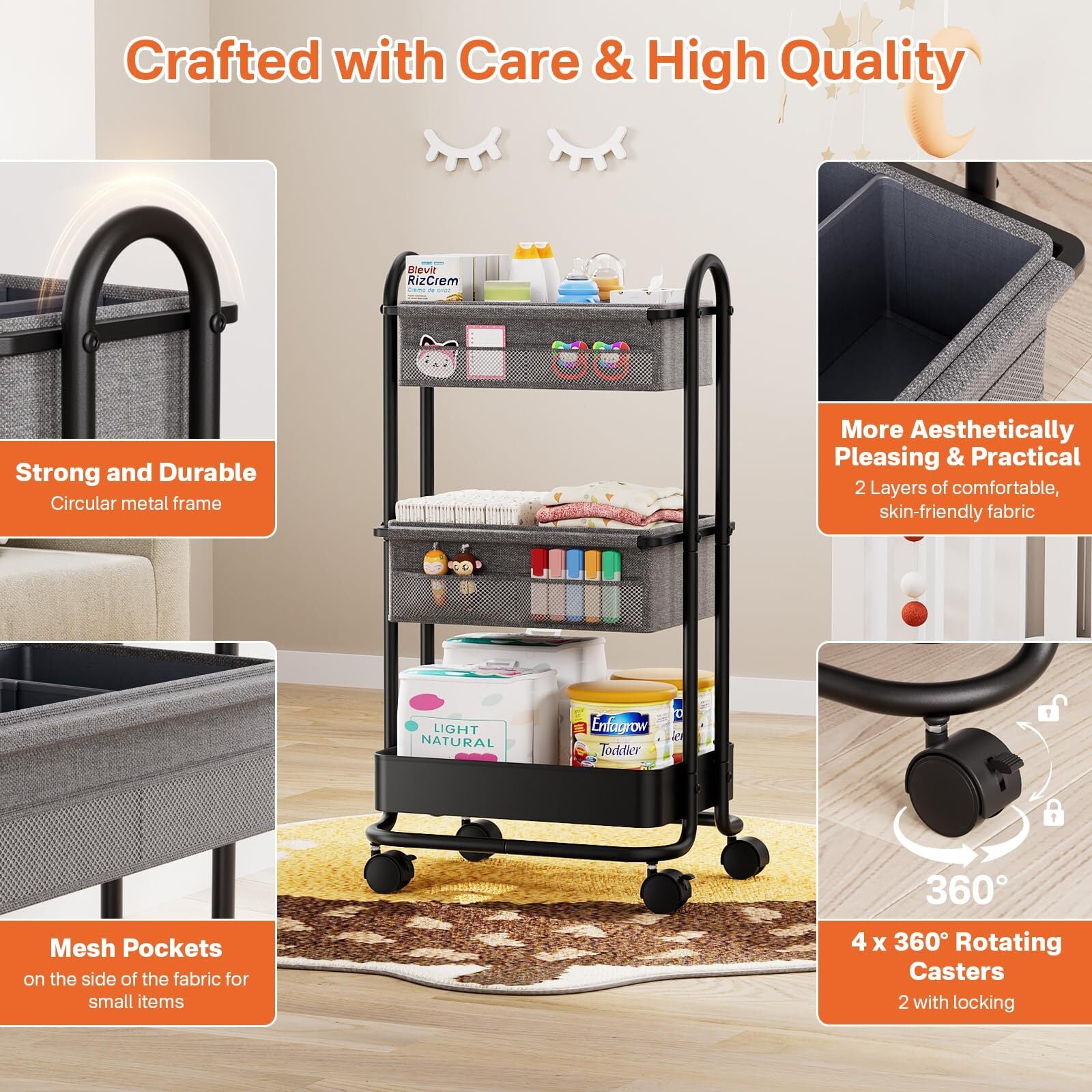 Baby Diaper Caddy Organizer Cart and Storage - 3 Tier Rolling with Wheels