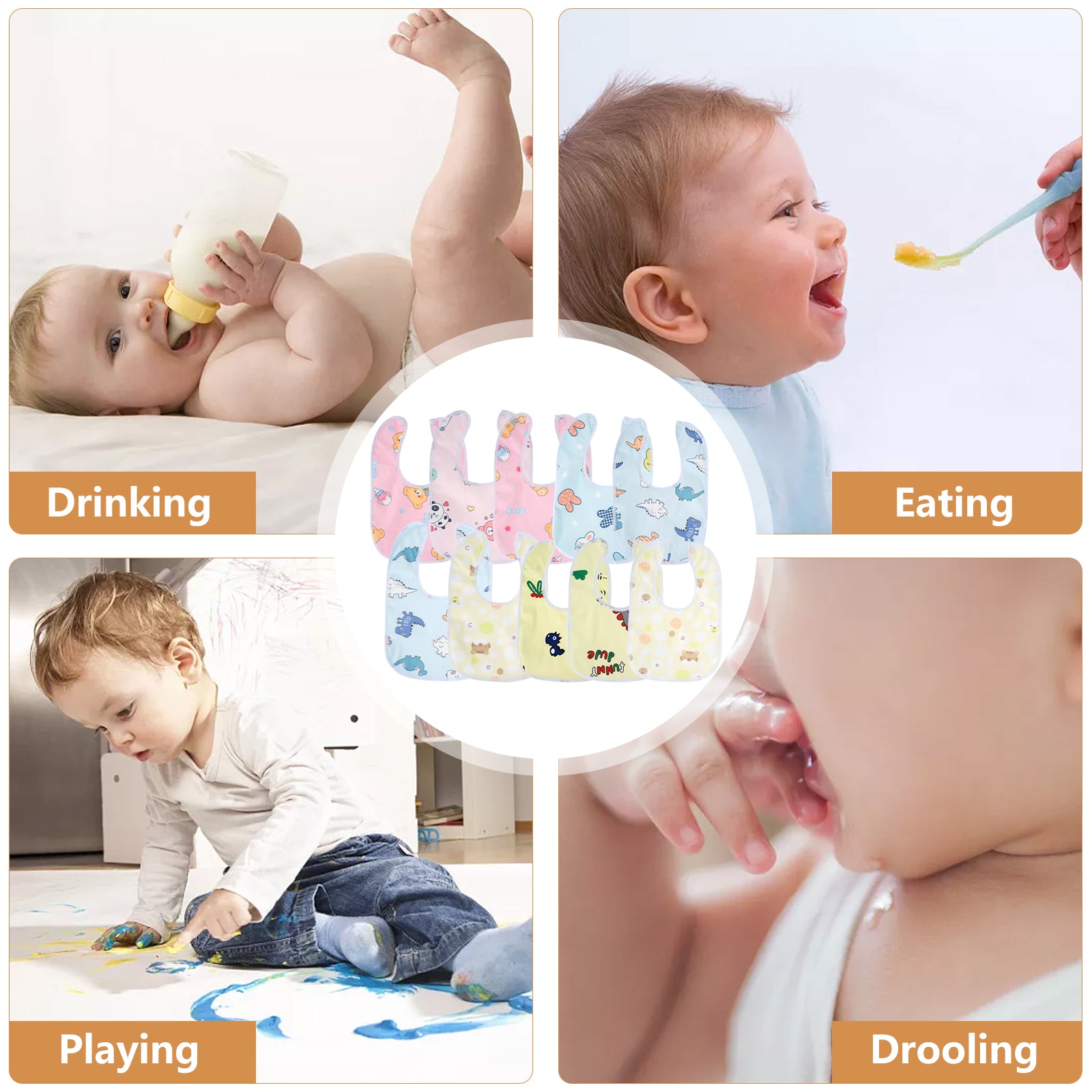 10Pcs Baby Bibs Waterproof Breathable Snap Bibs for Eating Drooling and Teething,Unisex