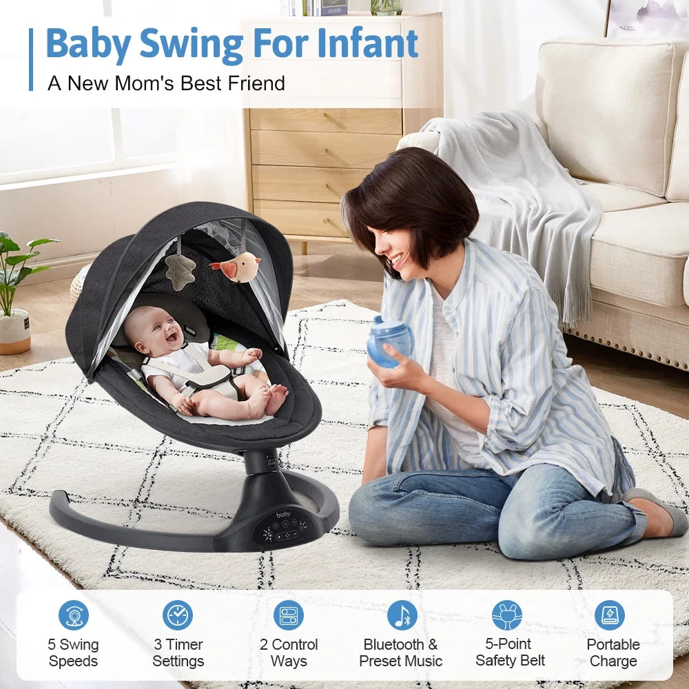 Baby Swing for Infant, Electric Bluetooth Music Bouncer Rocker with 5 Sway Modes, 3 Timing, Black