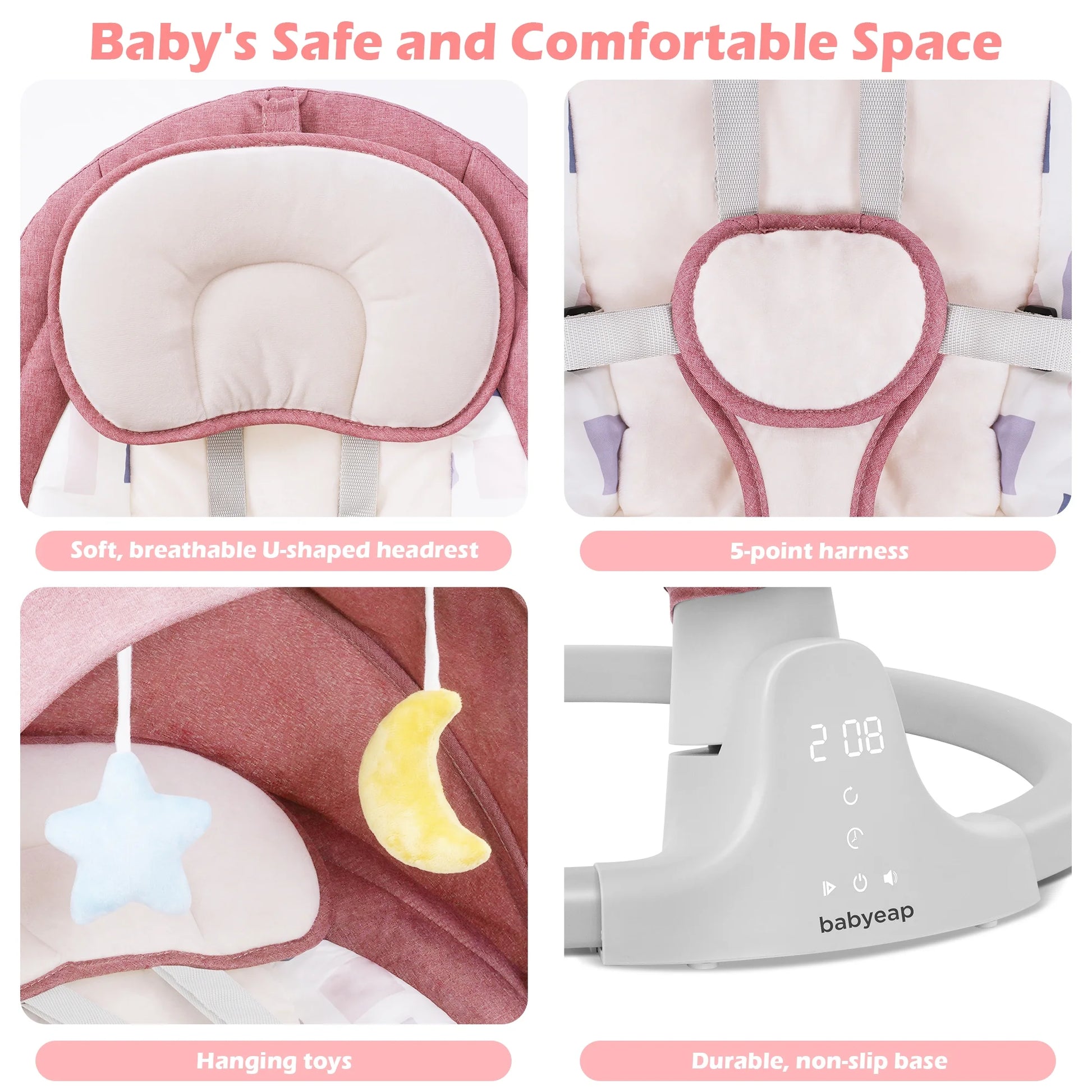 Baby Swing for Infants - APP Remote Bluetooth Control, 5 Speed Settings, 10 Lullabies, USB Plug (Pink)