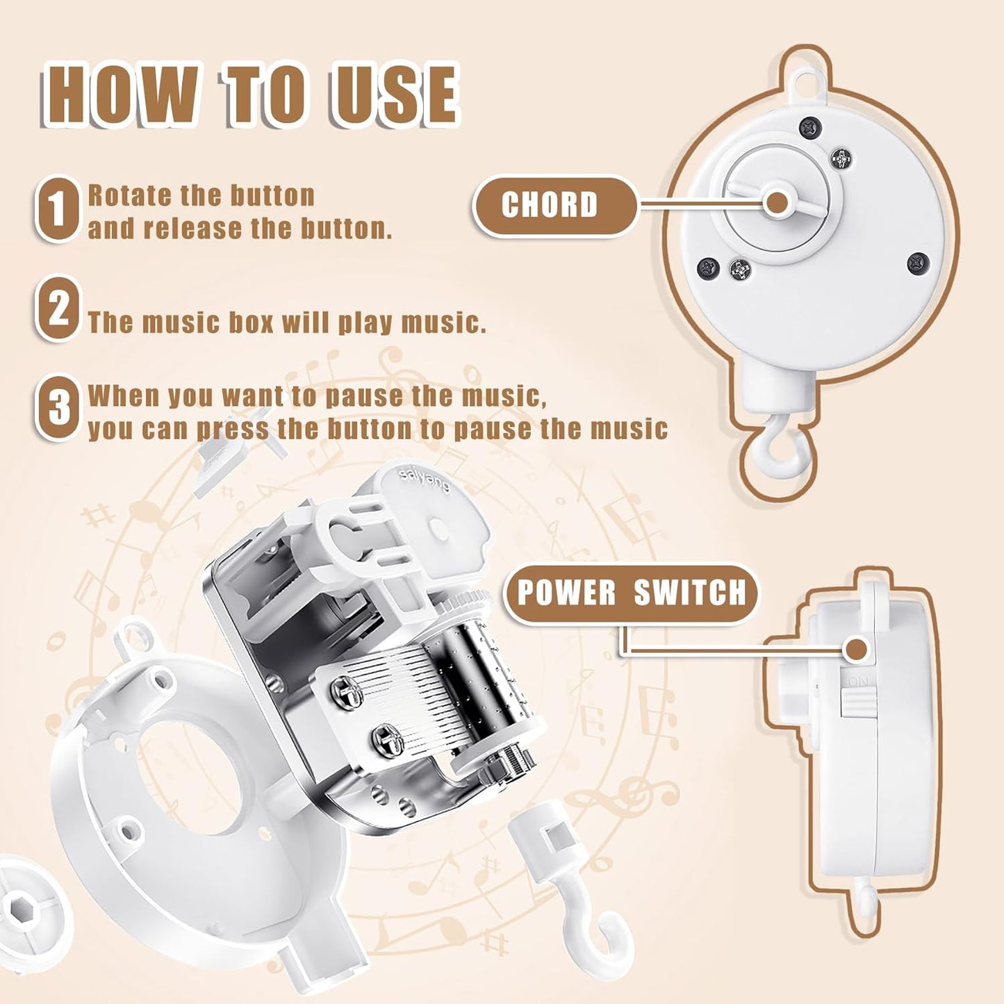 23 Inches DIY Baby Crib Mobile Arm,Mobile Arm for Crib,Nursery Mobile Arm,Baby Mobile Hanger, with Music Box-The Claw Part Can Be Adjusted Width-Diy Toy Decoration