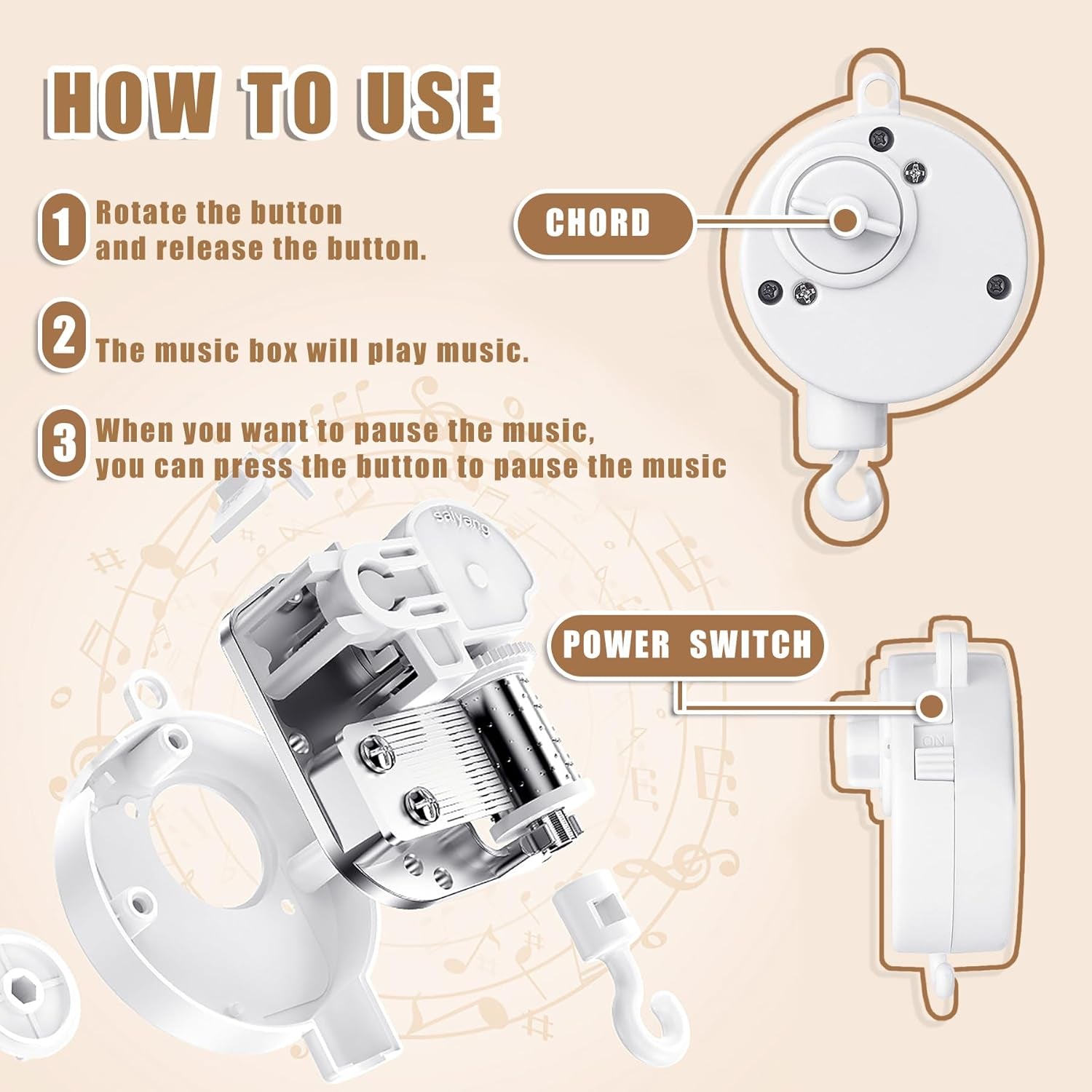 23 Inches DIY Baby Crib Mobile Arm,Mobile Arm for Crib,Nursery Mobile Arm,Baby Mobile Hanger, with Music Box-The Claw Part Can Be Adjusted Width-Diy Toy Decoration