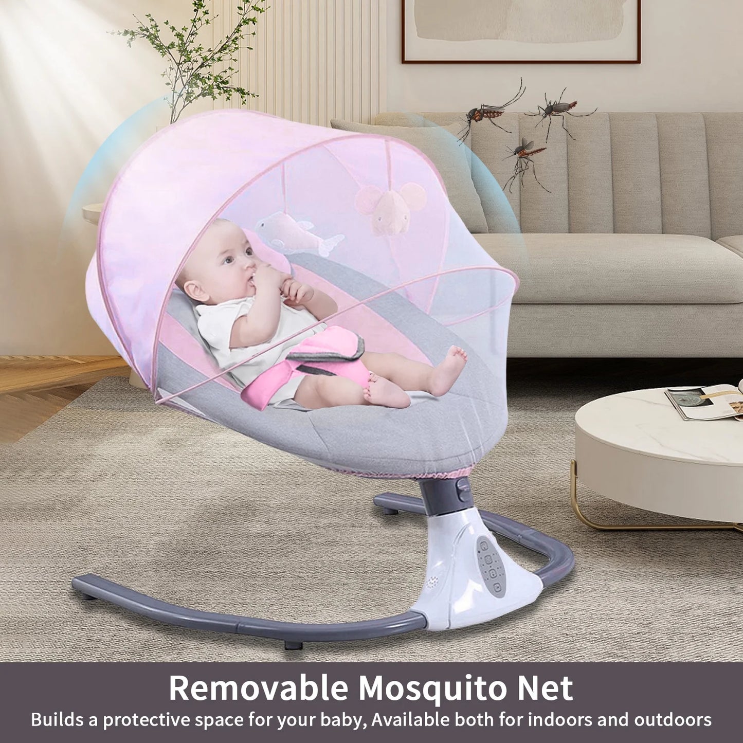 Electric Baby Swing, Infant Bouncer Chair with Remote Control, Bluetooth Music, 12 Lullabies, 4 Speeds, 4 Timing Set, Unisex, Pink