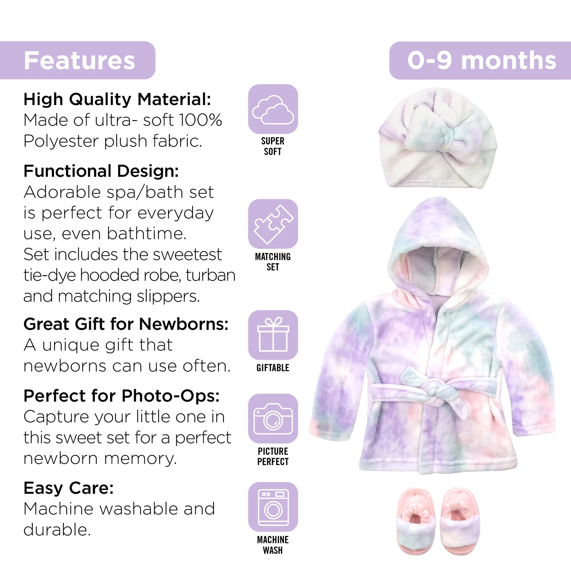 Toddler Bathrobe Set, 0-9 Months, Girls Bathrobe with Slippers & Turban, Toddler Bathrobe Plush Baby Robe, Tie Dye