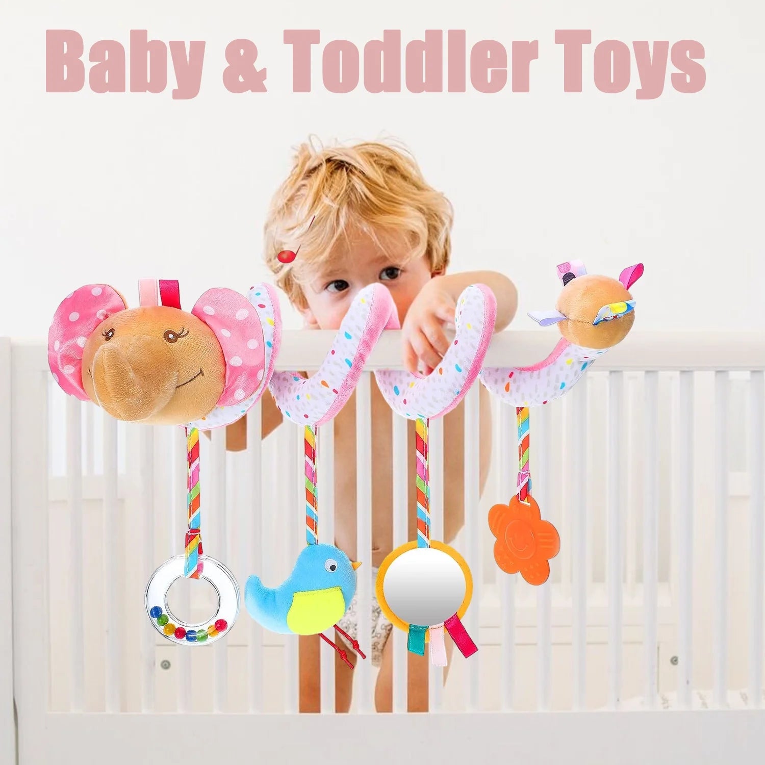Baby Car Seat Toys, Stroller Toys, Crib Toys, Infant Baby Spiral Activity Hanging Toys 0-6 Months, Baby Toys 6-12 Months, Pink Elephant