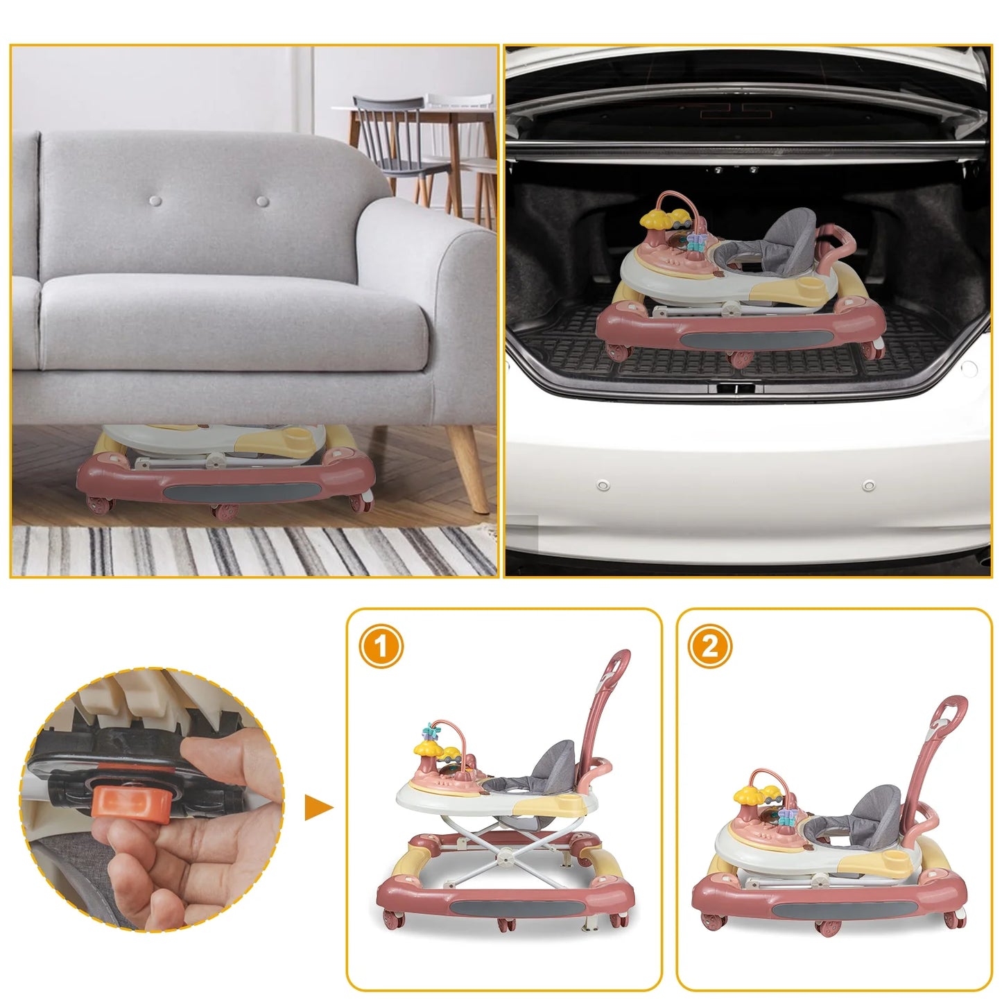 5-In-1 Baby Walker with Wheels,Infant Toddler Walkers Bouncer for Boys Girls,Pink