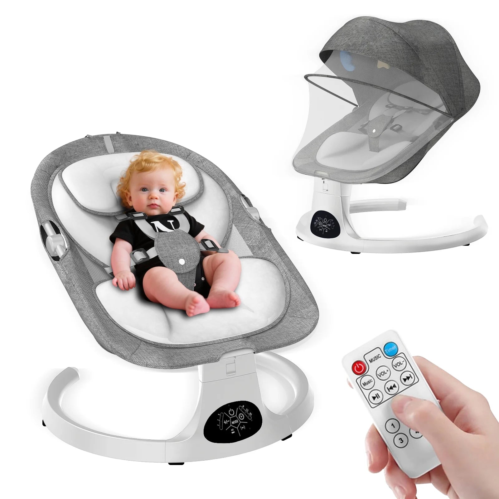 Baby Swing for Infants, Portable Bouncer&Rocker with 5 Speeds, Bluetooth Control, Gray
