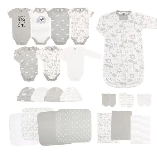 Newborn Baby Layette Gift Set for Boys and Girls, Shower Gift Essentials, Grey Sleepy Elephants
