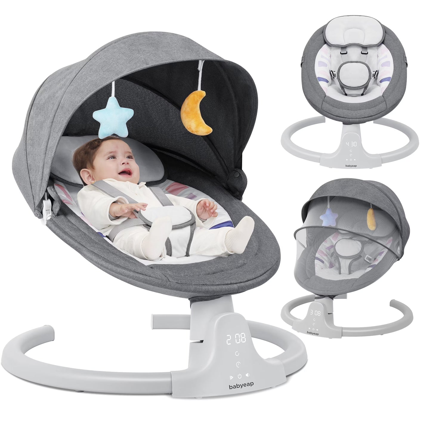 Baby Swing for Infants - APP Remote Bluetooth Control, 5 Speed Settings, 10 Lullabies, USB Plug (Gray)