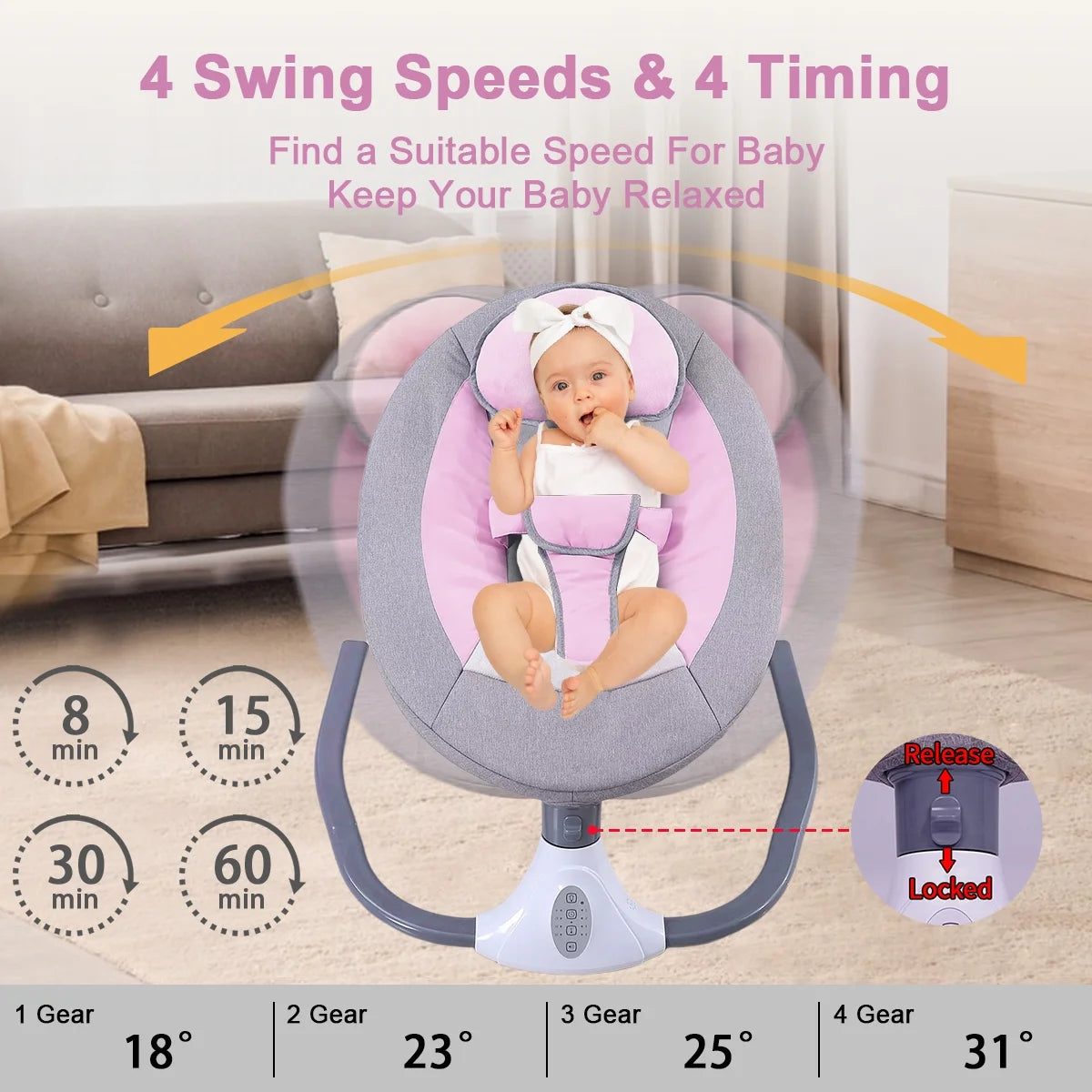 Electric Baby Swing, Infant Bouncer Chair with Remote Control, Bluetooth Music, 12 Lullabies, 4 Speeds, 4 Timing Set, Unisex, Pink