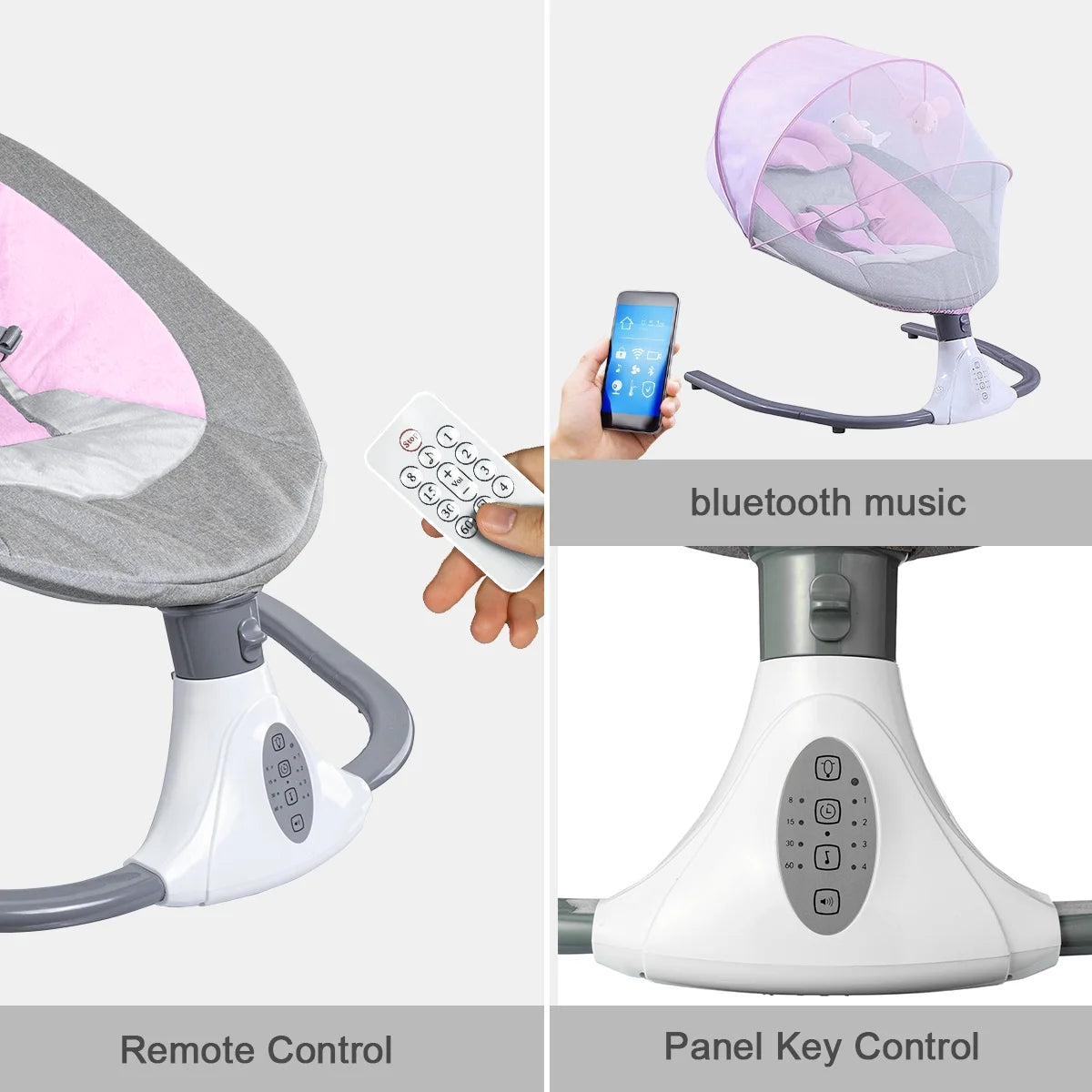 Electric Baby Swing, Infant Bouncer Chair with Remote Control, Bluetooth Music, 12 Lullabies, 4 Speeds, 4 Timing Set, Unisex, Pink