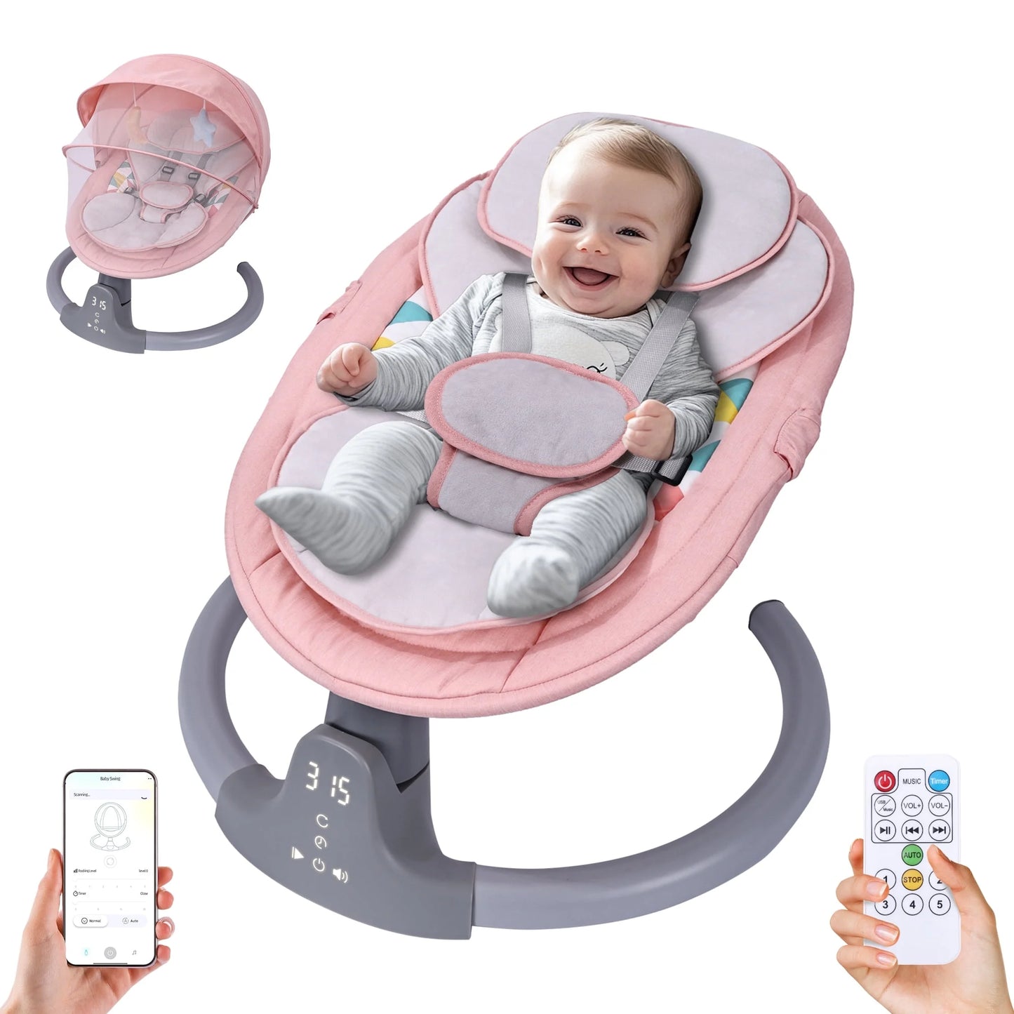 Baby Swing, Baby Swing for Infants,Portable Electric Baby Rocker with 5 Sway Speed,10 Preset Songs,Remote Control,Bluetooth Music,Pink