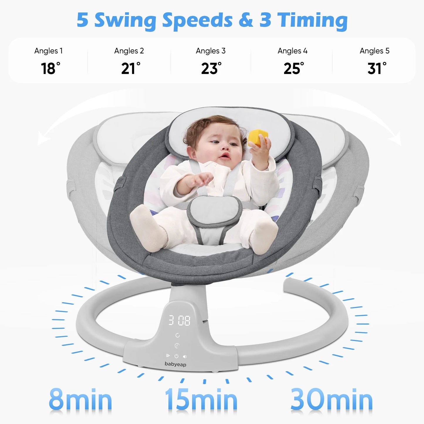 Baby Swing for Infants - APP Remote Bluetooth Control, 5 Speed Settings, 10 Lullabies, USB Plug (Gray)