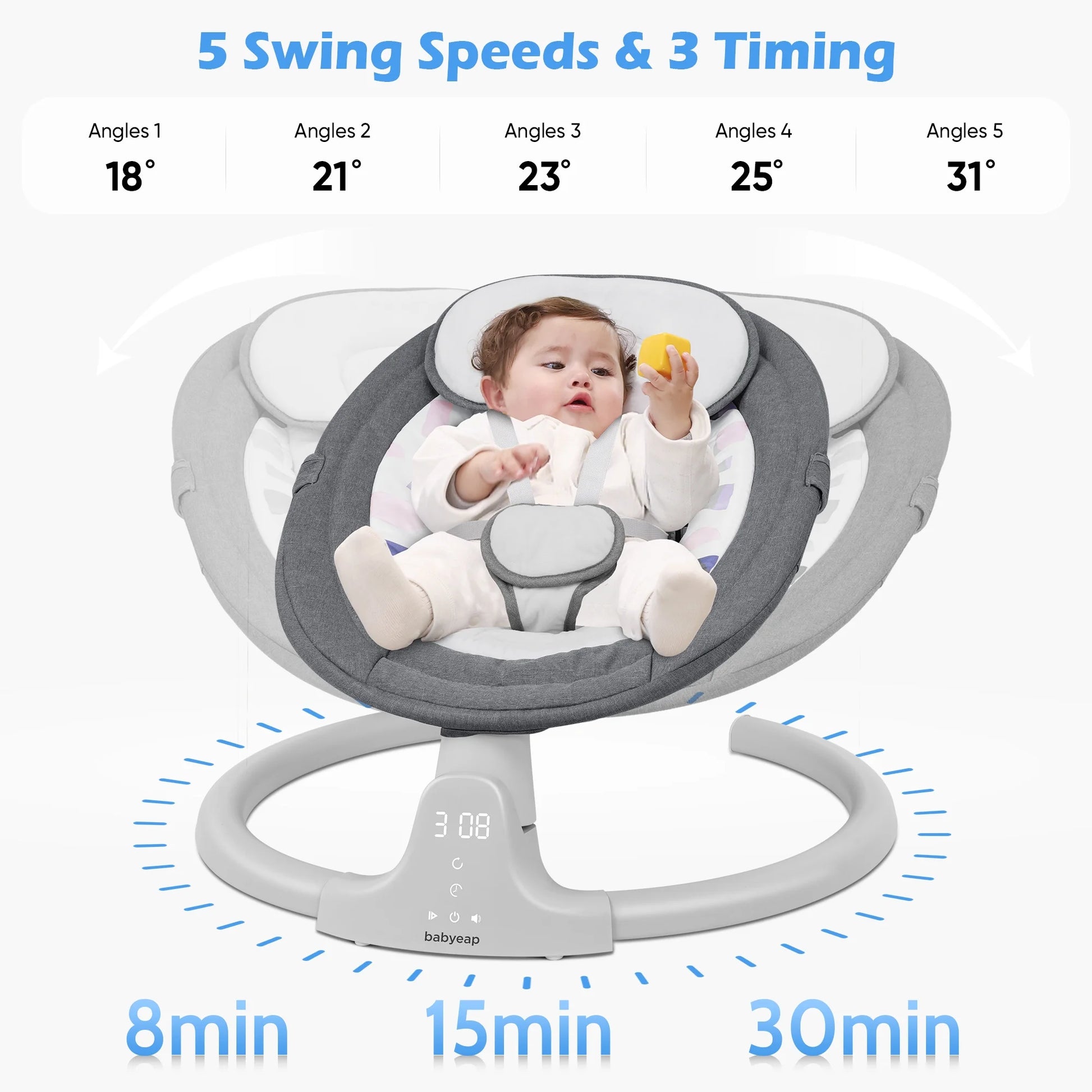 Baby Swing for Infants - APP Remote Bluetooth Control, 5 Speed Settings, 10 Lullabies, USB Plug (Gray)