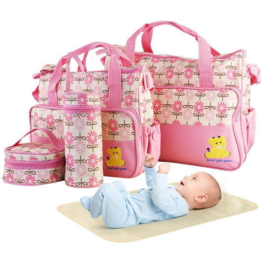 5Pcs Mummy Diaper Tote Baby Bags Set Dad Diaper Shoulder Bags with Nappy Changing Pad Pockets Travel Tote Bags Pink