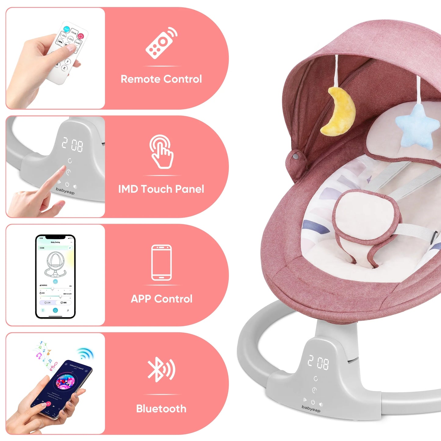 Baby Swing for Infants - APP Remote Bluetooth Control, 5 Speed Settings, 10 Lullabies, USB Plug (Pink)