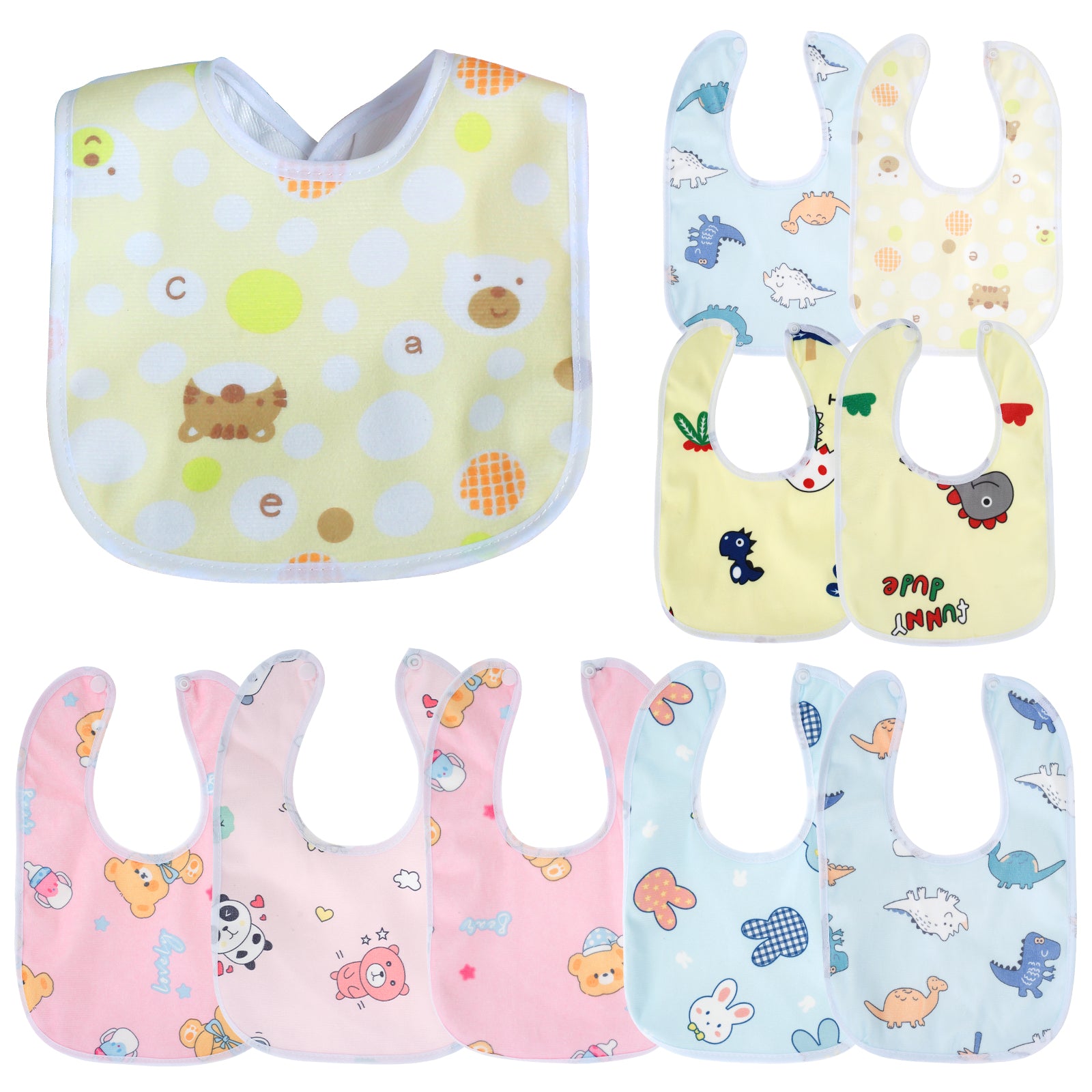 10Pcs Baby Bibs Waterproof Breathable Snap Bibs for Eating Drooling and Teething,Unisex
