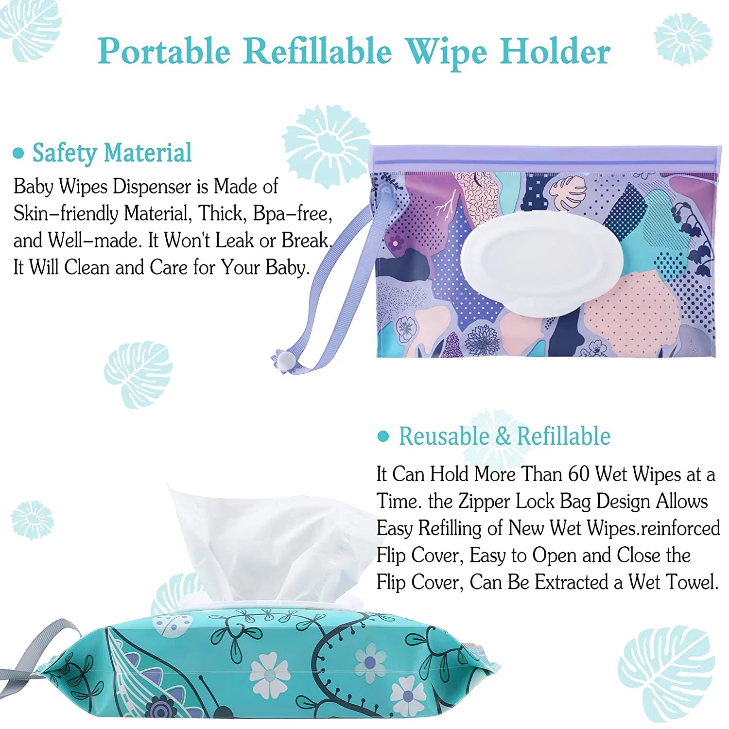 Baby Wipes Container,Baby Wipe Dispenser,Reusable Portable Wipe Holder,Travel Baby Wipes,Refillable Wet Wipe Pouch(Floral)2 Pack