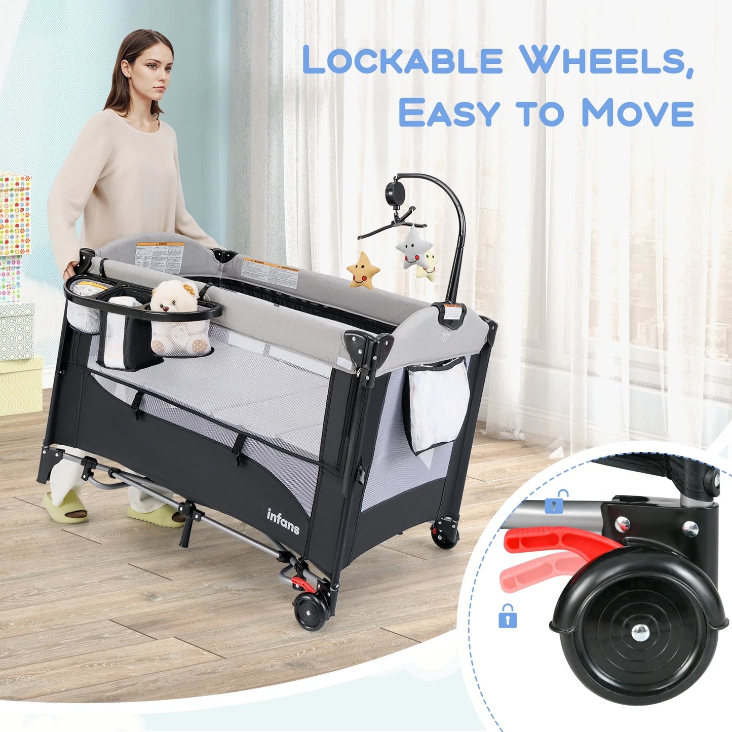 5 in 1 Portable Playard Baby Bassinet Bedside Sleeper, Diaper Changer, Mattress, Carry Bag, Music Box & Hanging Toys, Foldable Bedside Crib for Newborn Toddlers