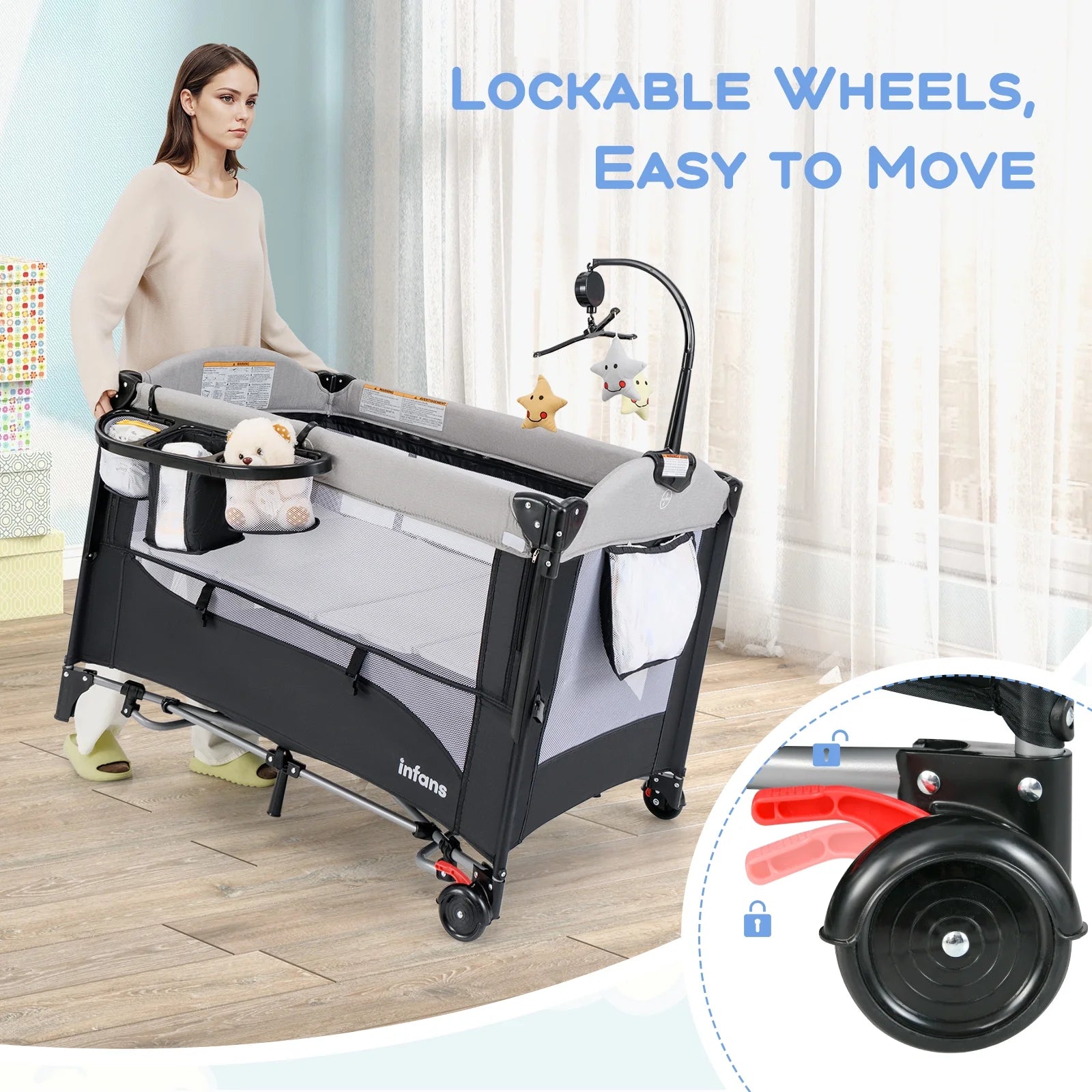 5 in 1 Portable Playard Baby Bassinet Bedside Sleeper, Diaper Changer, Mattress, Carry Bag, Music Box & Hanging Toys, Foldable Bedside Crib for Newborn Toddlers