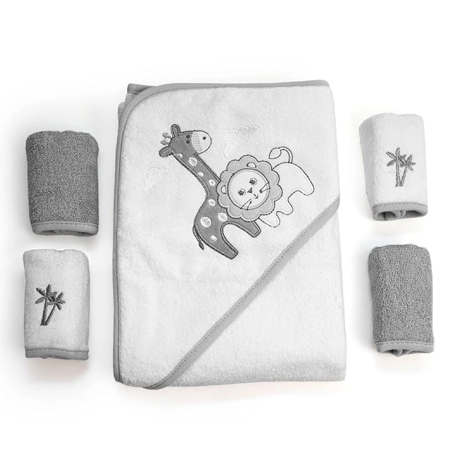 Baby Cotton Terry Hooded Towel & Washcloth Bath Shower Set for Newborns and Infants, Gray Lion
