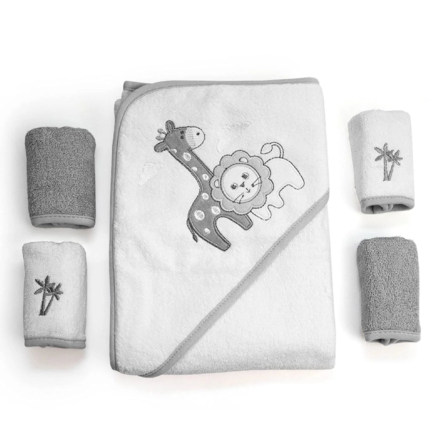 Baby Cotton Terry Hooded Towel & Washcloth Bath Shower Set for Newborns and Infants, Gray Lion